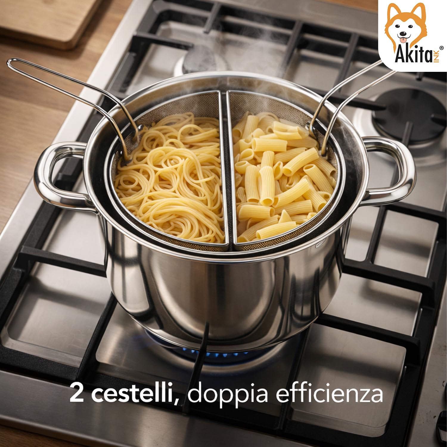 AKITAInk Bollipasta Duna 24 cm in Acciaio Inox con 2 Cestelli e Coperchio in Vetro Temperato, Pentola per Pasta con Scolapasta Integrato, Resistente e Pratica