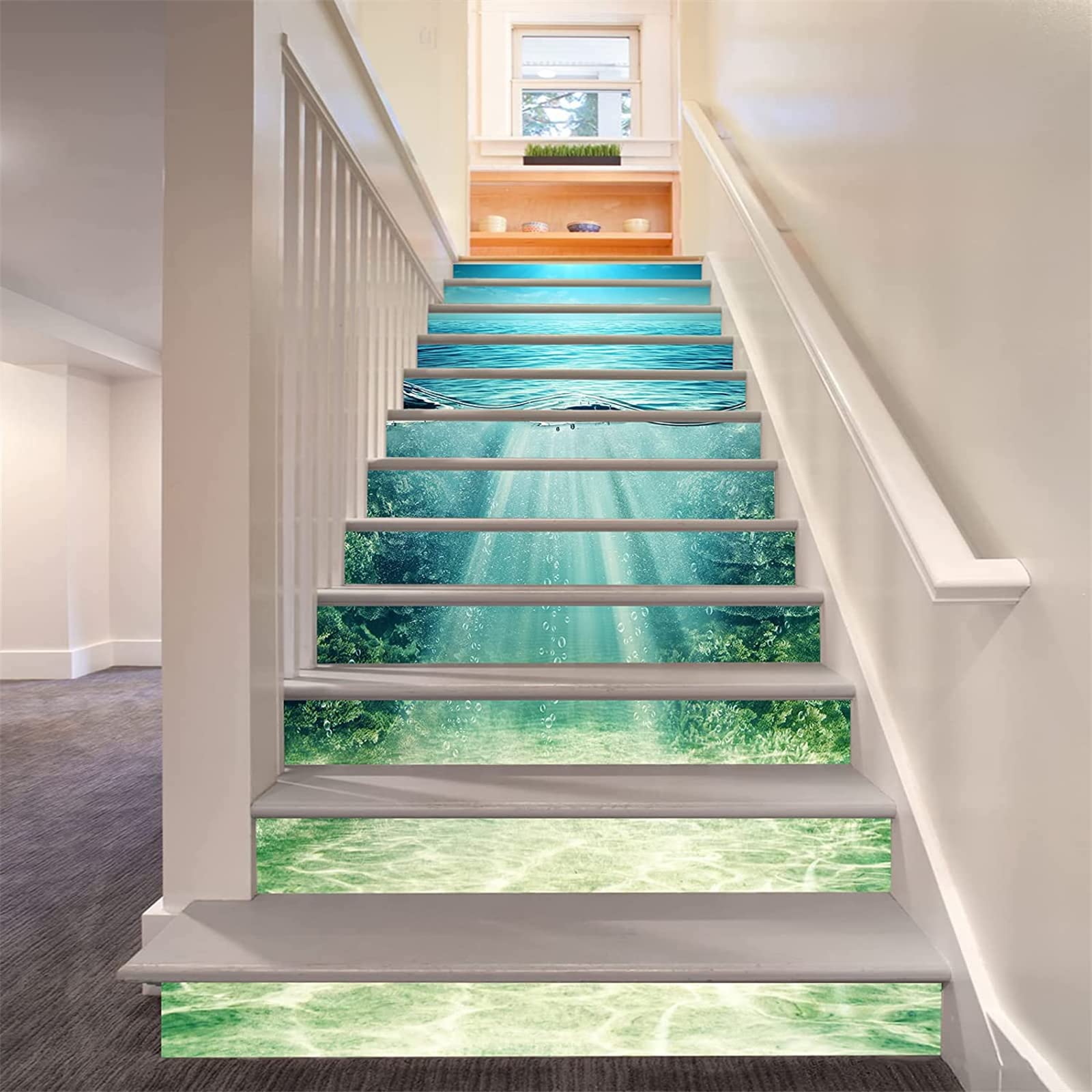 Flfk G1050 13Pcs Stair Risers Stickers Peel And Sick 39.37"X7.08", Vinyl Staircase Stickers Decals, Deep Blue Ocean Mural Wallpaper For Stair Steps