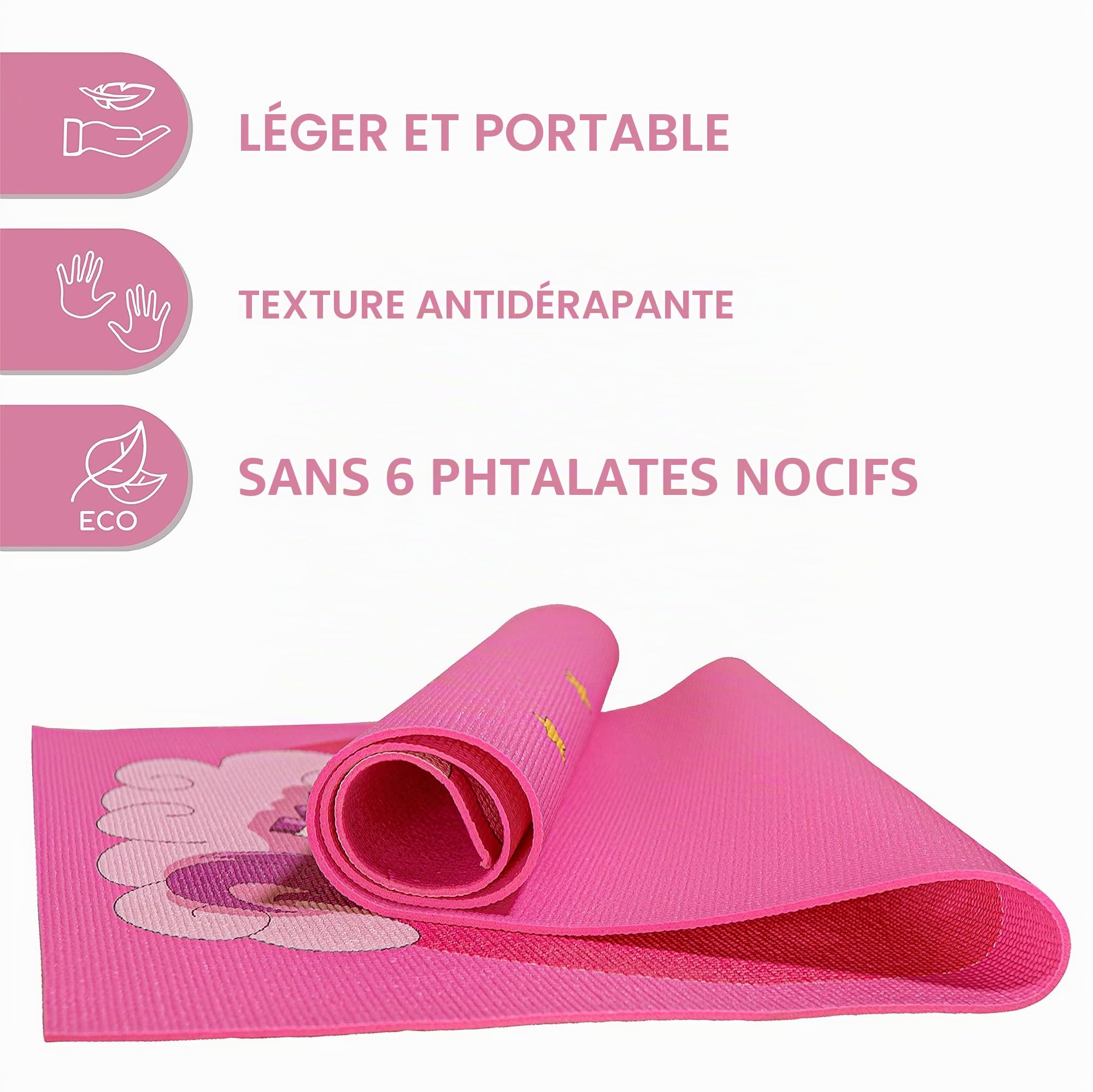 Set Tapis Yoga Enfant - Tapis de Yoga pour Filles et Garçons - sans Produits Chimiques - Non Toxique – Antidérapant - avec 12 Cartes de Yoga et Un Sac Portable