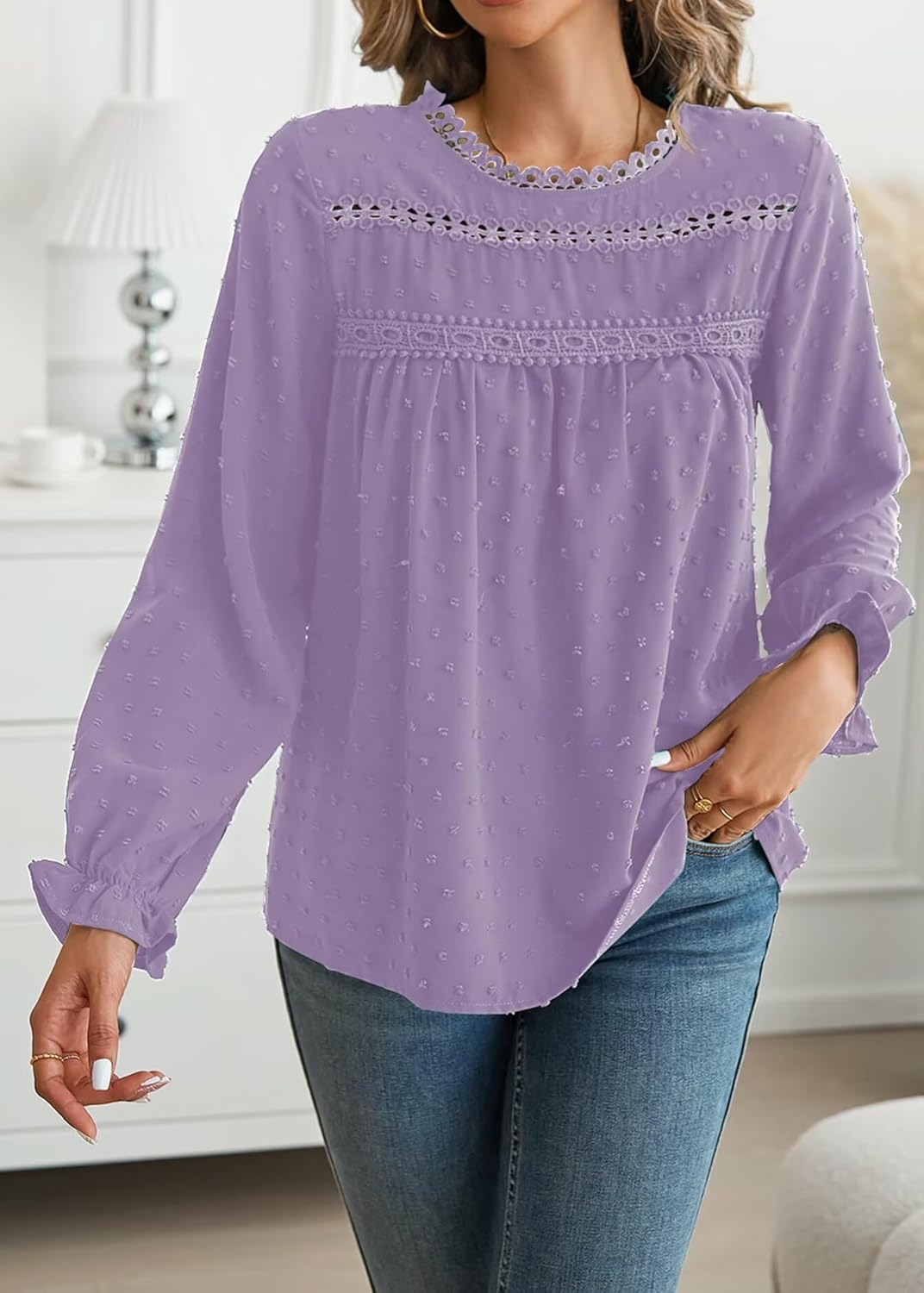 Womens Boho Tops Long Sleeve Shirts For Women Cute Crewneck Blouse Dressy Casual Swiss Dot Crochet Hollow Top 2026 - Image 2