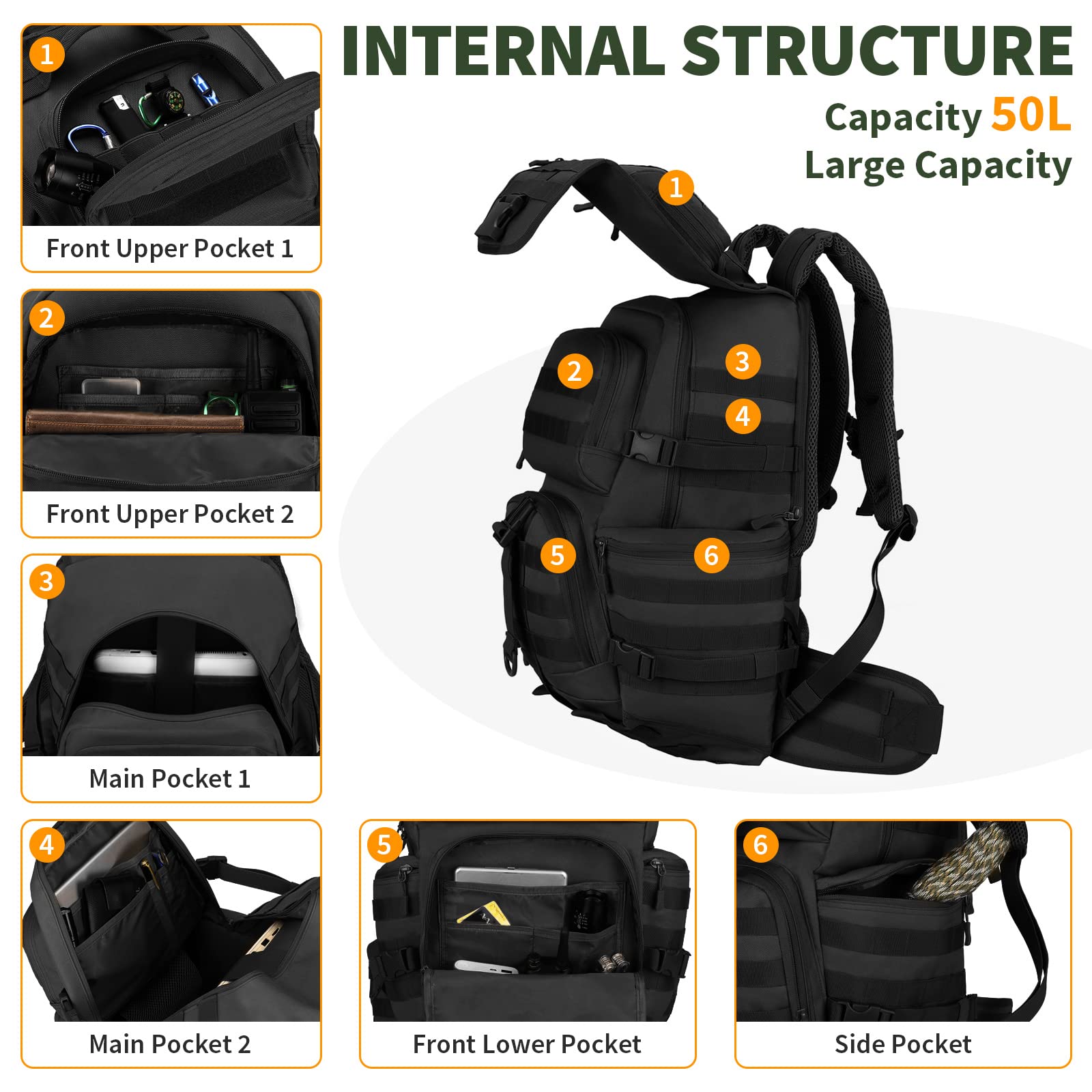 HUNTVP Sac à Dos Tactique,50L Grand Sac à Dos Multifonction Militaire Assault Pack, pour Randonnée Camping École Voyage Pêche Escalade Alpinisme Trekking(Noir-50L)