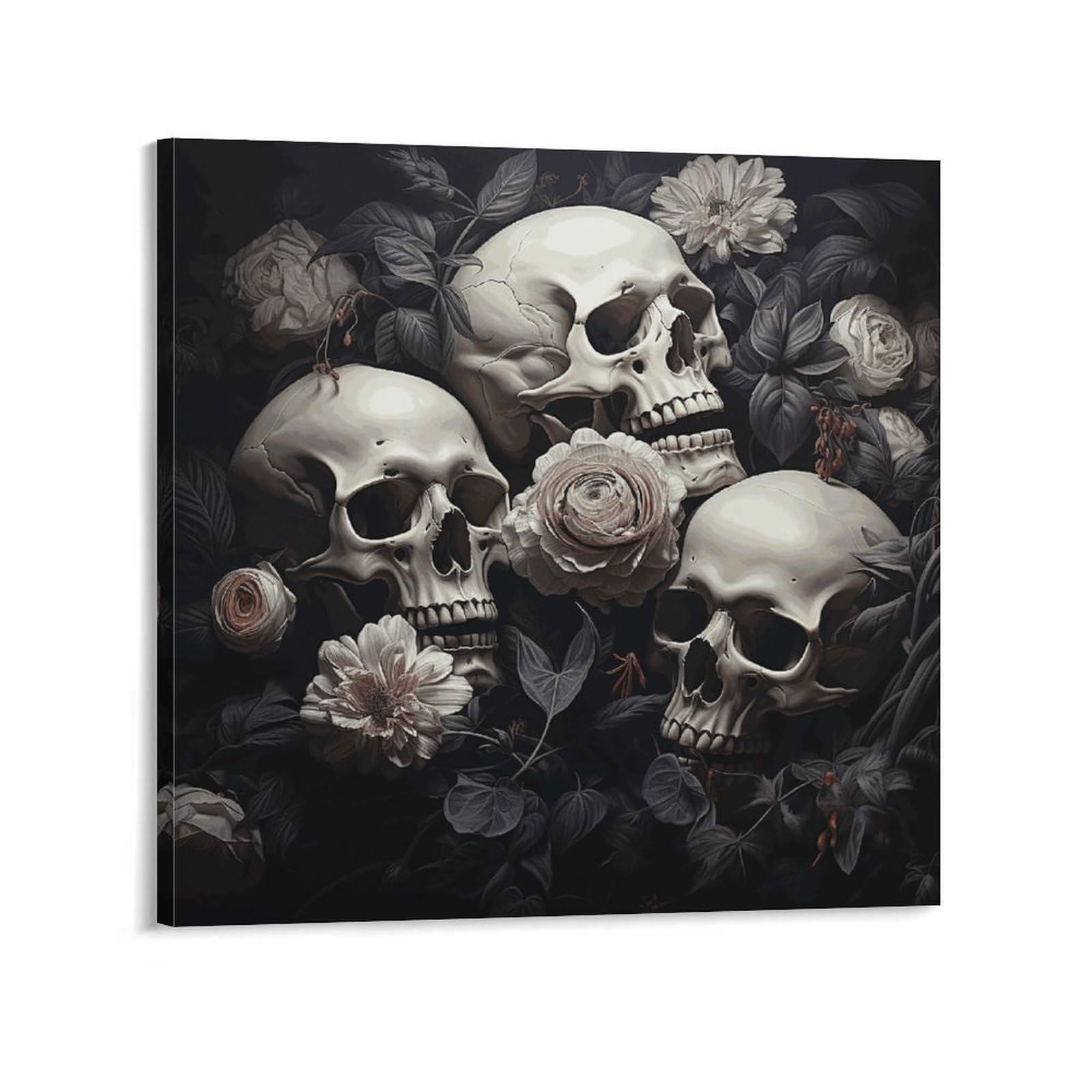 KLOPH Black And White Flowers And Skull Canvas Wall Art for Living Room 08x8inch Modern Artwork Painting for Bathroom Hanging Canvas Prints Aesthetic Wallart for Bedroom Kitchen Office Wall Decor