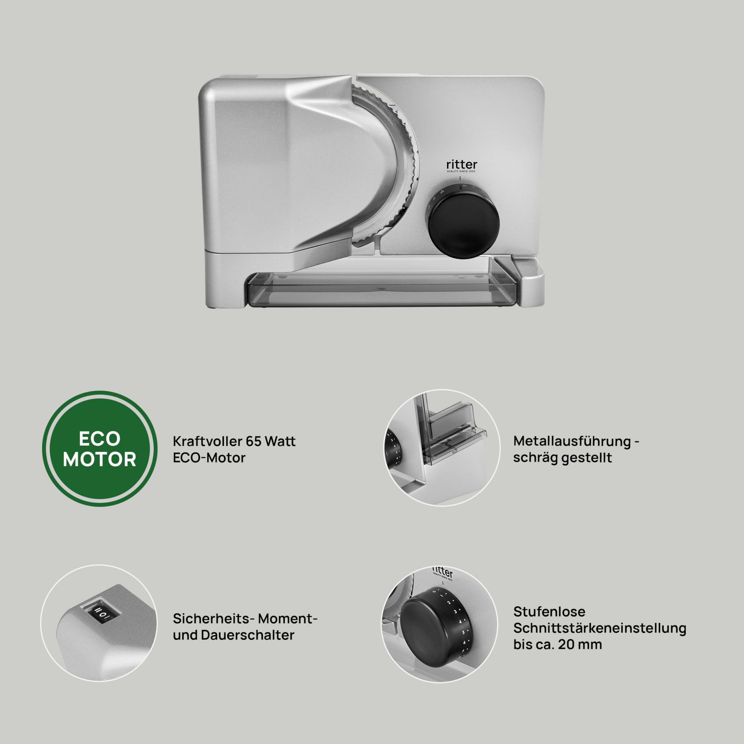 Ritter E 16 Elektrischer Allesschneider Brotschneidemaschine aus Metall ECO-Motor Made in Germany Silber