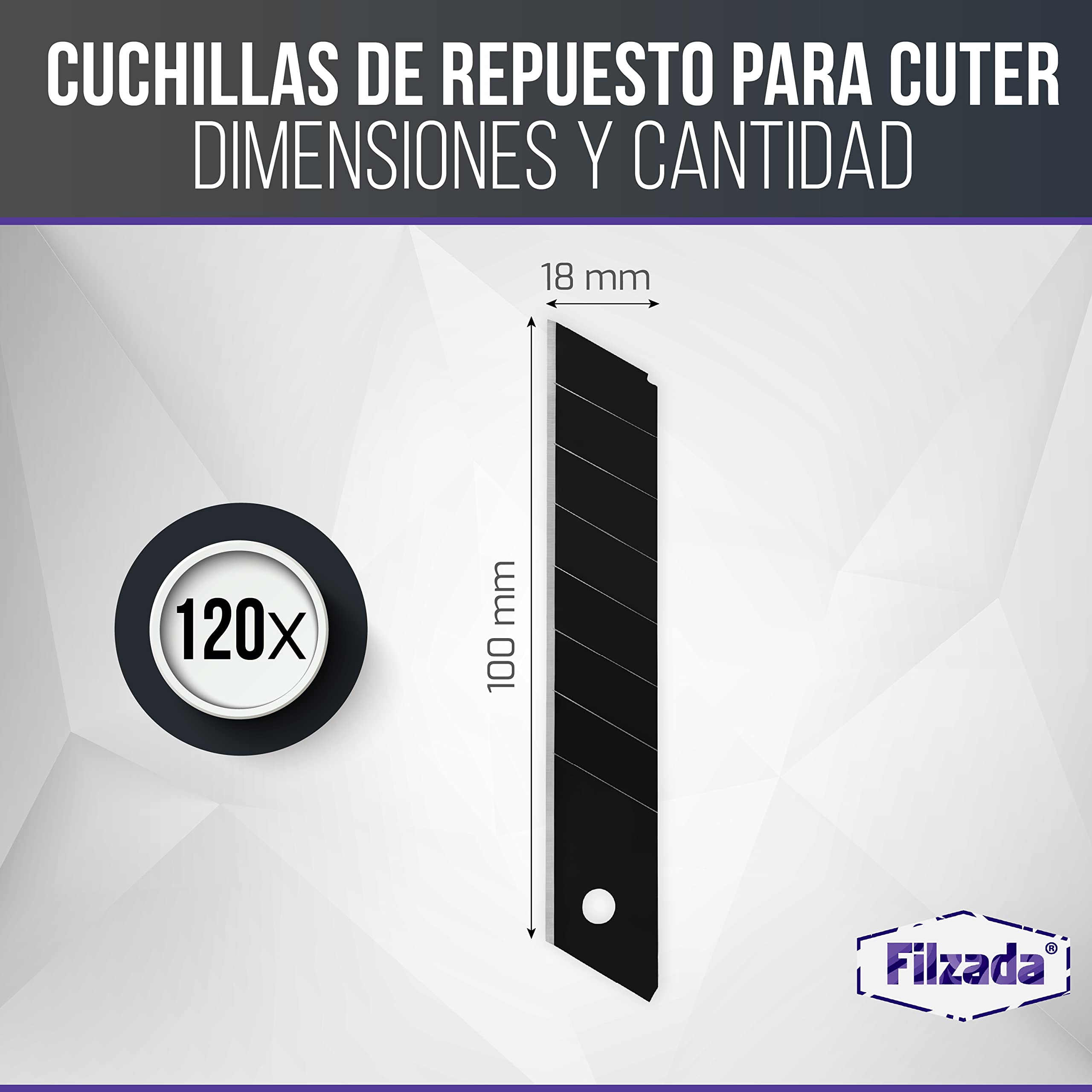 Filzada® 120x Cuchillas de repuesto para cuchillos de corte de 18mm - Cuchillas ultra afiladas para alfombras - Cuchillas a presión para cuchillos de corte de 18mm