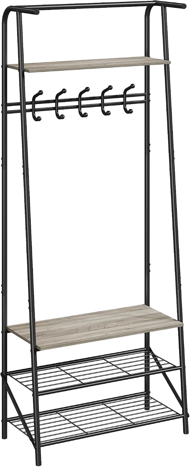 4-In-1 Hall Tree Coat Rack Shoe Bench with 5 Hooks & 4-Tier Shelf, Metal Frame Wood Look Entryway Organizer, Multifunctional Storage Bench for Hallway Bathroom