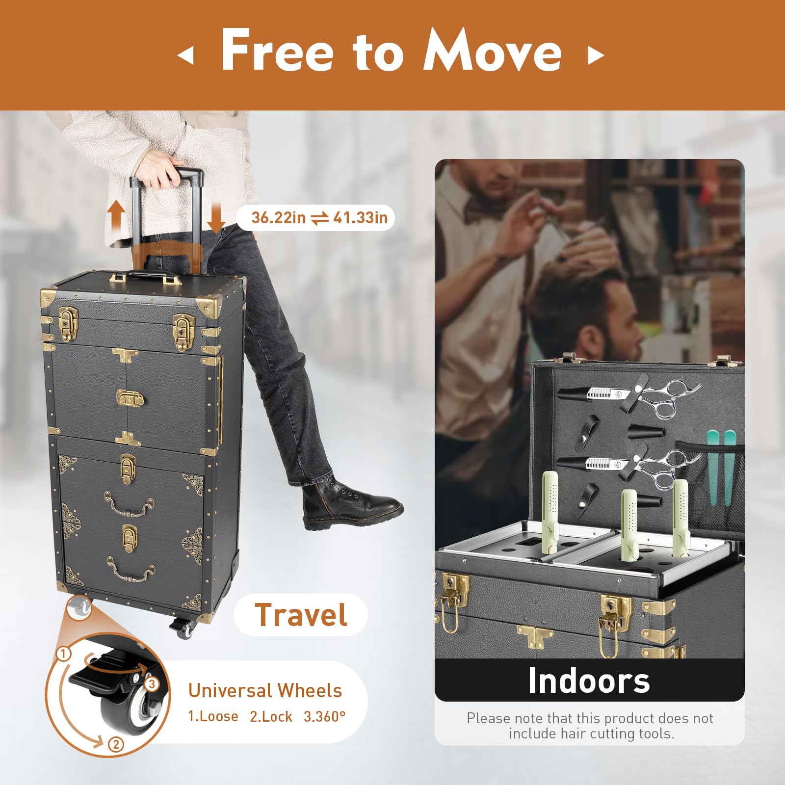 Grande valise de maquillage à roulettes 4 niveaux - Multifonctionnelle, pour salon de coiffure, écoles de coiffure, maisons privées, Noir