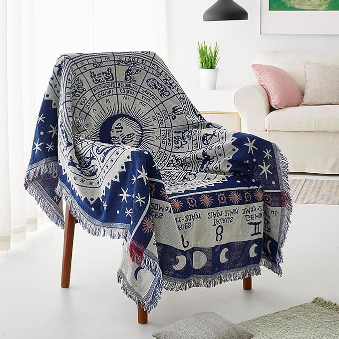 Boho Woven Throw Blanket Reversible Cotton Bohemian Tapestry Hippie Room Decor Witchy Astrology Zodiac Celestial Constellation Carpet Bed Chair Couch Sofa Cover Double Sided (Blue, S: 71x51)