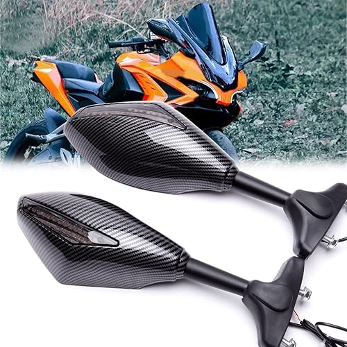 Espejos Retrovisores con Indicadores LED de Señal de Giro para Motocicleta, para Motos de Carreras y Motos Deportivas (Carbono+Lente Ahumado)
