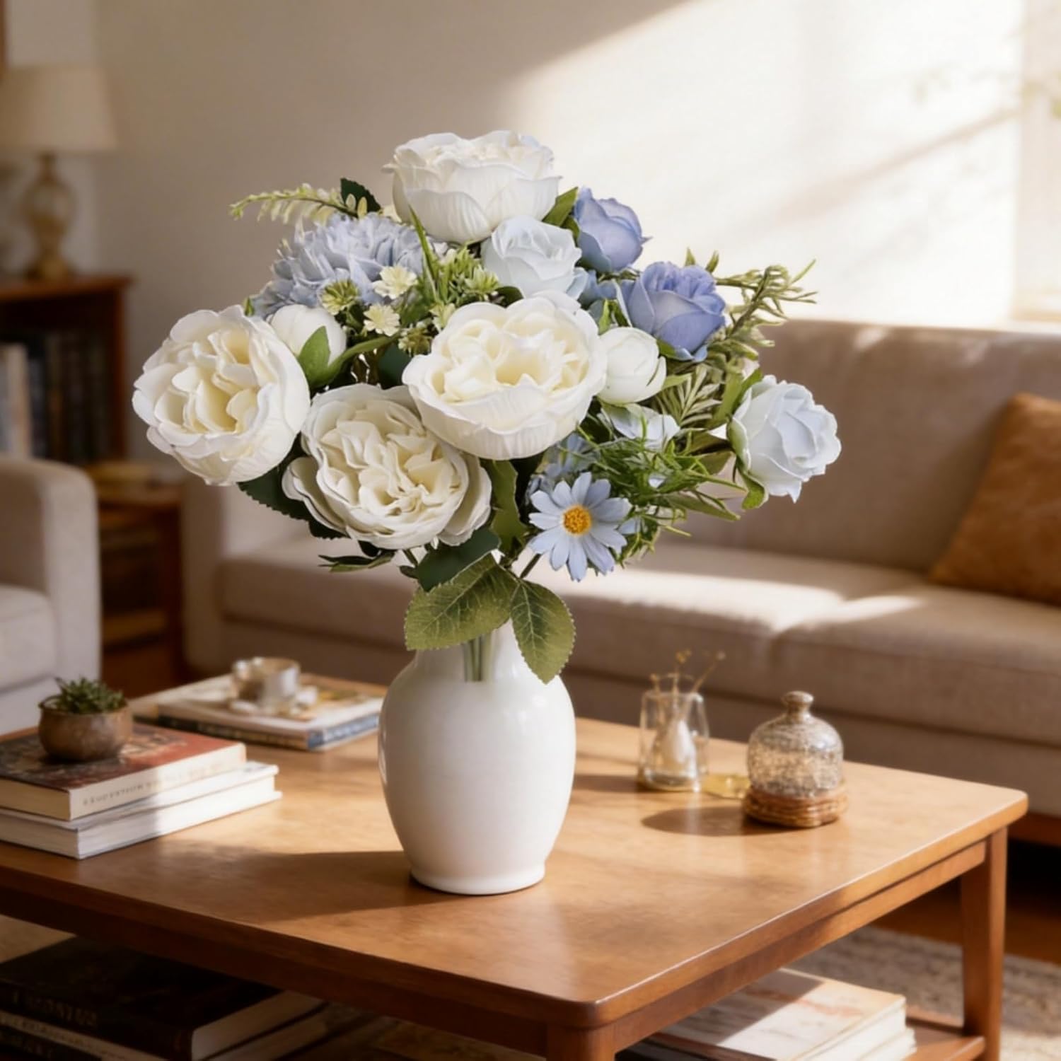 Bundles Artificial Peonies, 24 Bundles Silk Blue Fake Roses White Peonies with Stems Faux Flower Bundles for Spring Summer Wedding Bouquet Home Bridal Baby Shower Party Centerpieces Vase Office