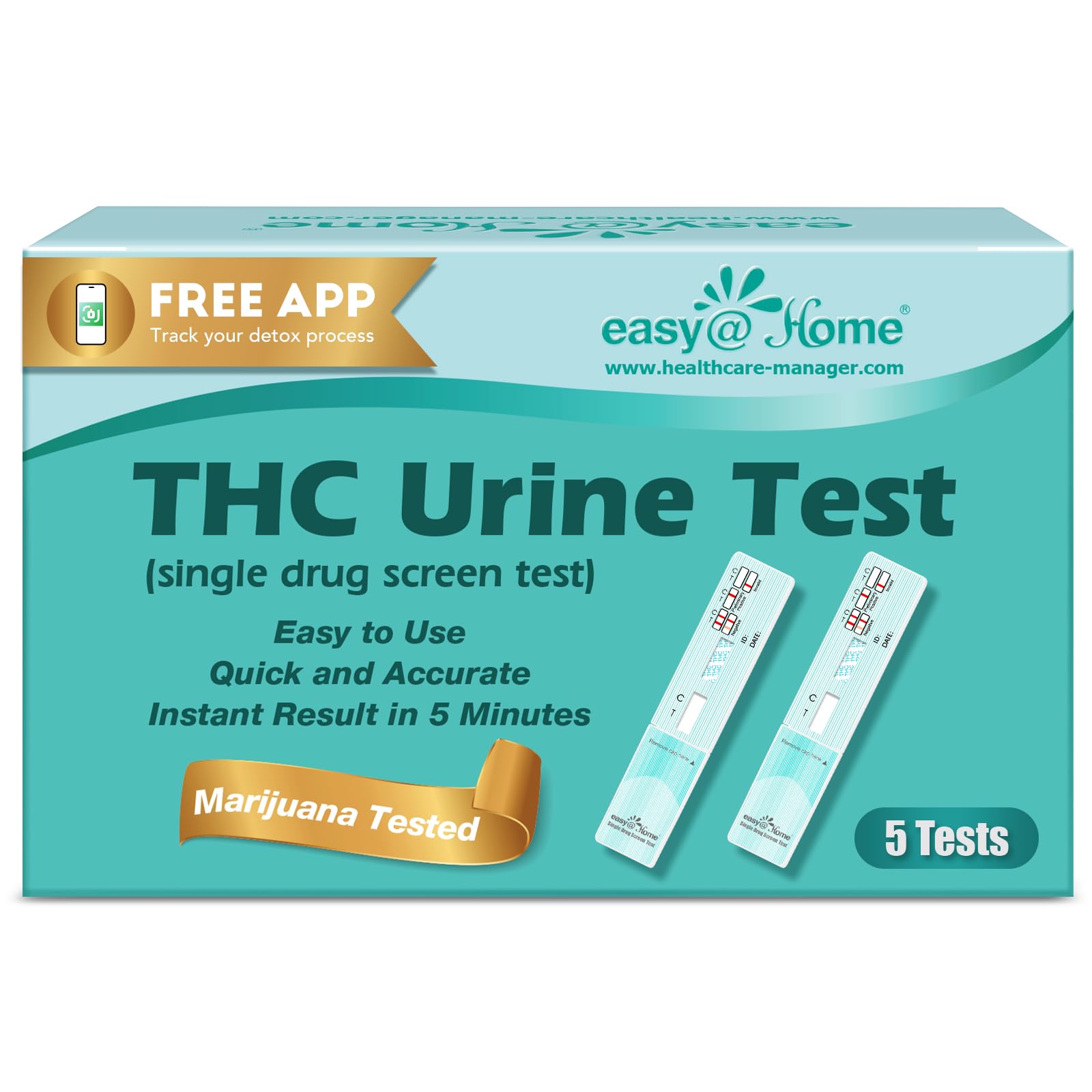 Easy@Home THC Drug Test Kit [5 Pack] - Marijuana Urine Drug Tests, Home Use Weed Detox 50ng/ml Cutoff Level Testing Kits, Single Panel THC Screening for Urine, #EDTH-114