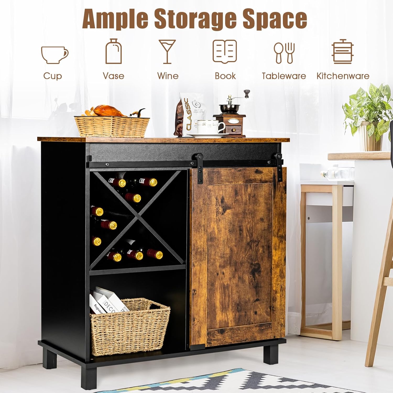 LOKO Industrial Wine Cabinet, Stylish Coffee Bar Cabinet with Sliding Barn Door, Kitchen Sideboard Buffet Storage Cabinet with Wine Rack, 32 x 16 x 33 inches