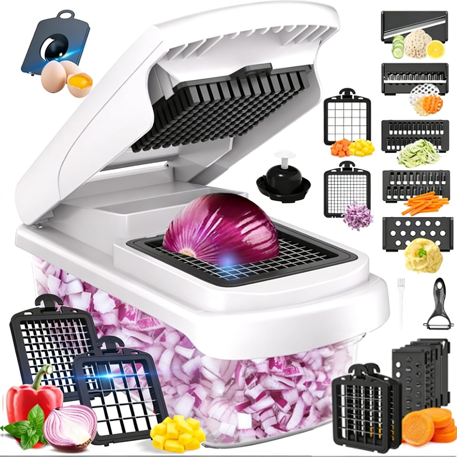 Snofrid Vegetable Chopper, 15-in-1 Multifunctional Food Chopper – Mandoline Slicer for Kitchen, Onion Chopper, Veggie Cutter with Container for Potato, Carrot, Garlic, Salad – Essential Kitchen Tool