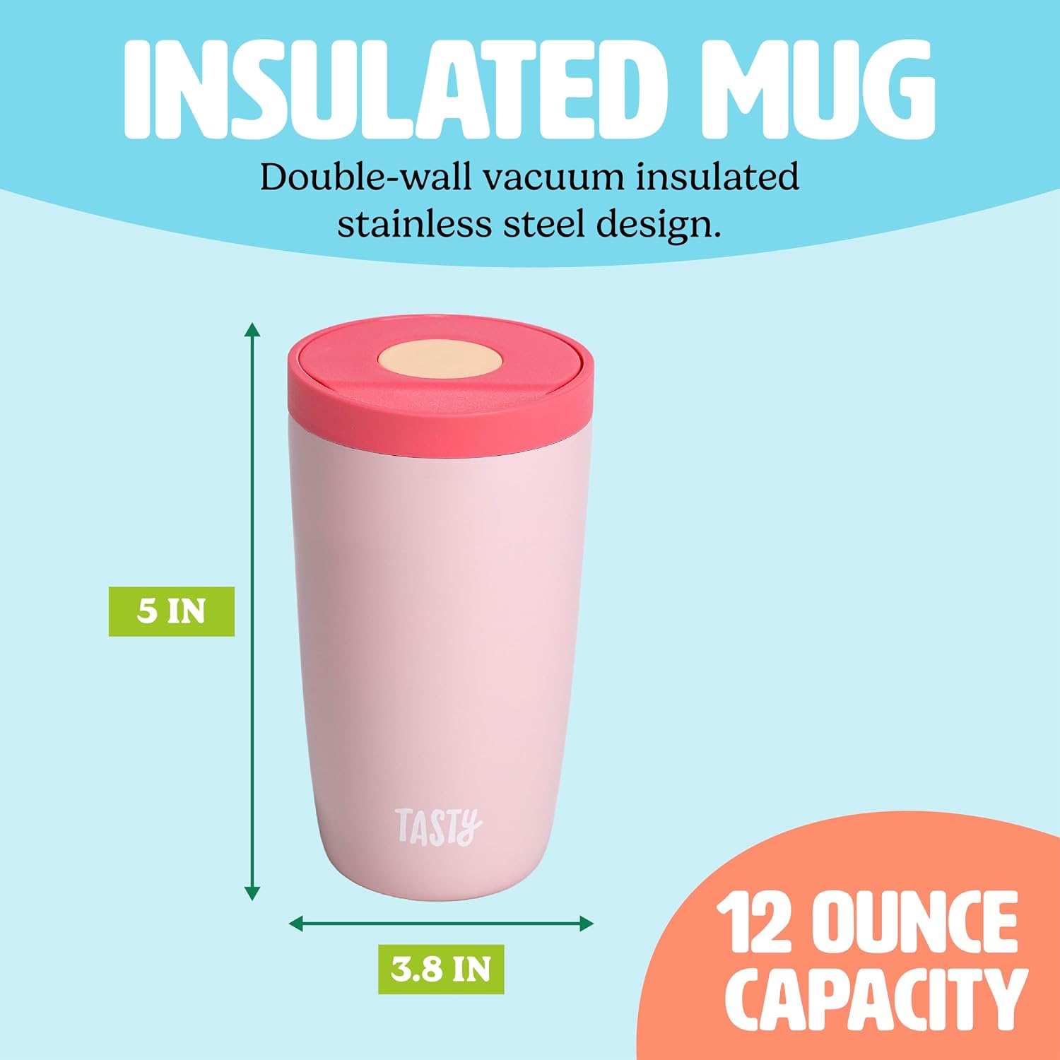 Tasty 12oz Insulated Stainless Steel Push Mug, Leak-Proof Lid with One-Hand Open/Close Button, Travel Coffee Cup, Double Wall Vacuum Flask, Pink