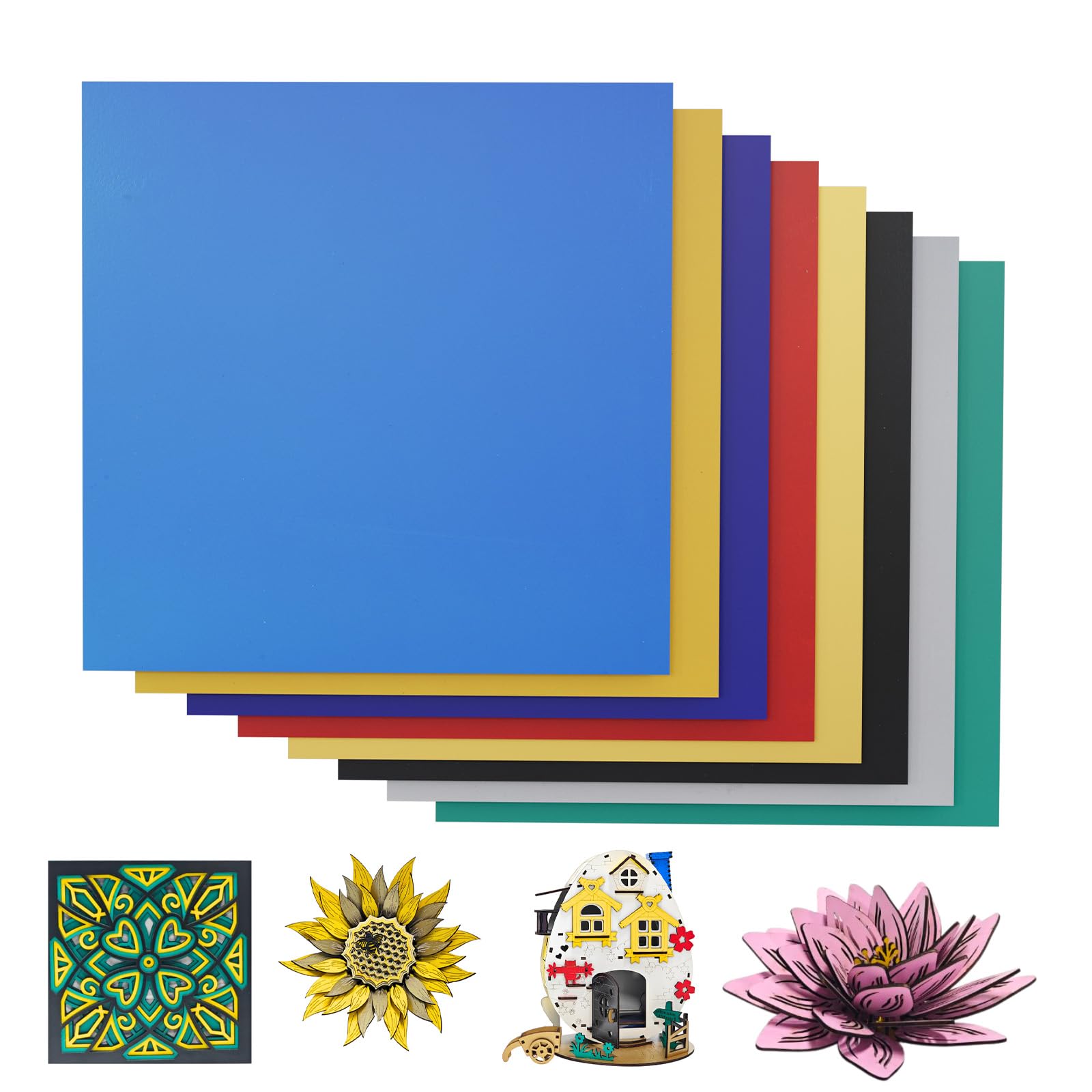 ATOMSTACK 8Pcs Plywood Sheets, 300 x 300 x 3mm Colored Basswood Sheets Board for DIY Woodcraft Model, Crafts, Painting, Engraving, Cutting, Stenciling, Home Decor (Colorful)