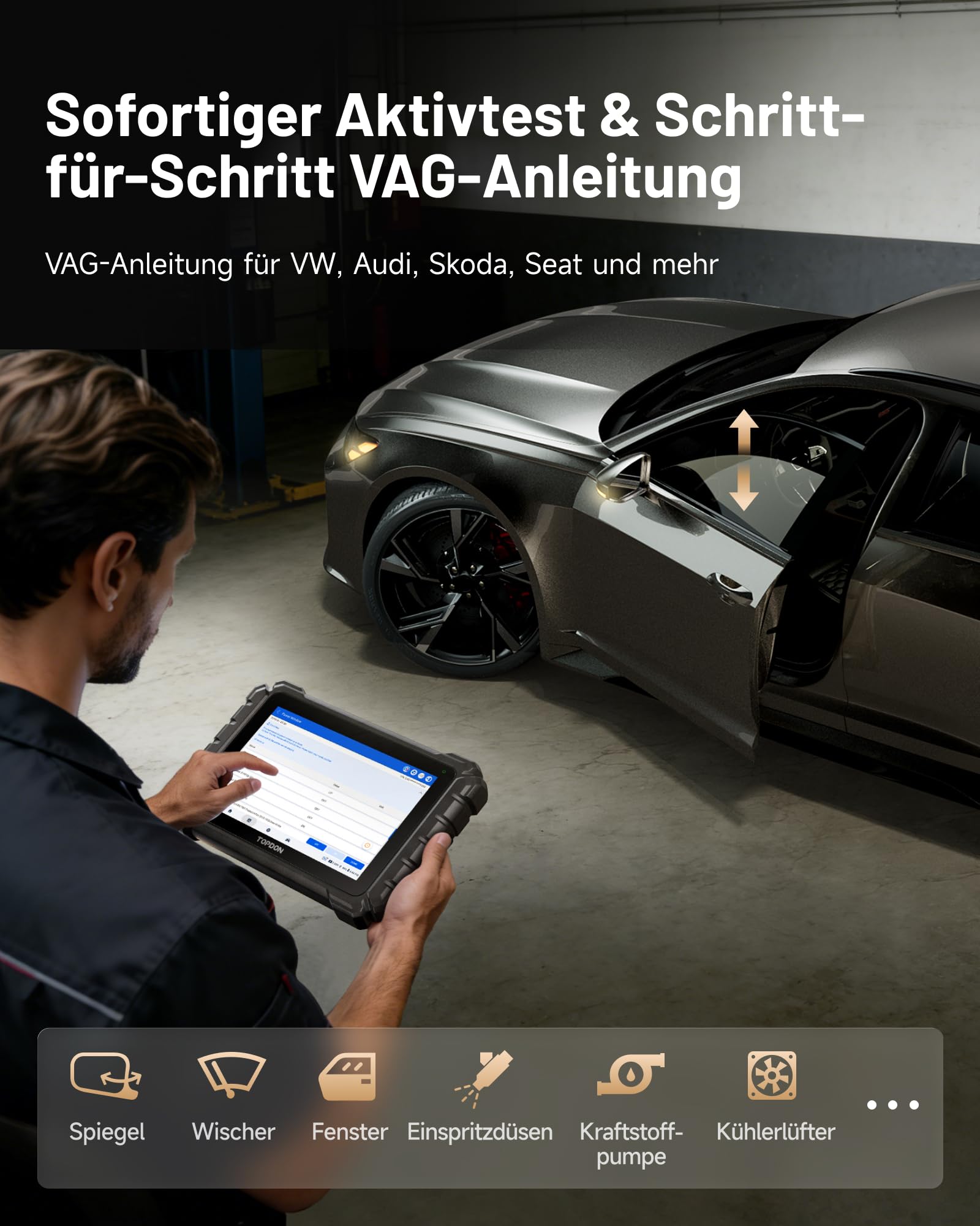 TOPDON ONE 10,1" bidirektionaler OBD2 Diagnosegerät, J2534 Pass-Thru, ECU-Codierung&über 50 Servicefunktionen, Alle Systemdiagnosen mit TopFix KI, OE-Topologie, FCA/Renault/VAG SFD SGW-Zugriff, CAN-FD