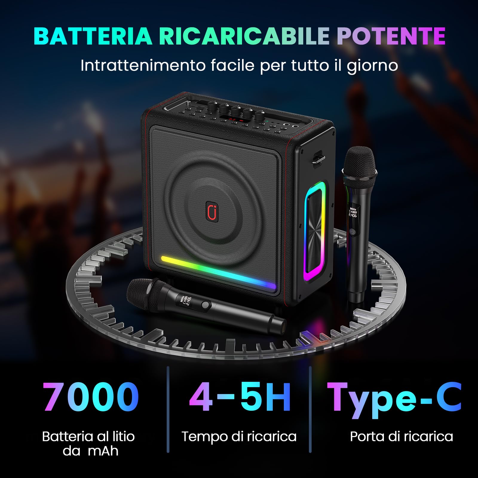 HWWR Karaoke con 2 Microfono Wireless Kit con LED, 300W Cassa Bluetooth 5.3, 36 ore, Sistema PA per Adulti Bambini Supporto TF/USB/FM/Registrazione/AUX/TWS, Canta Tu Karaoke 2026