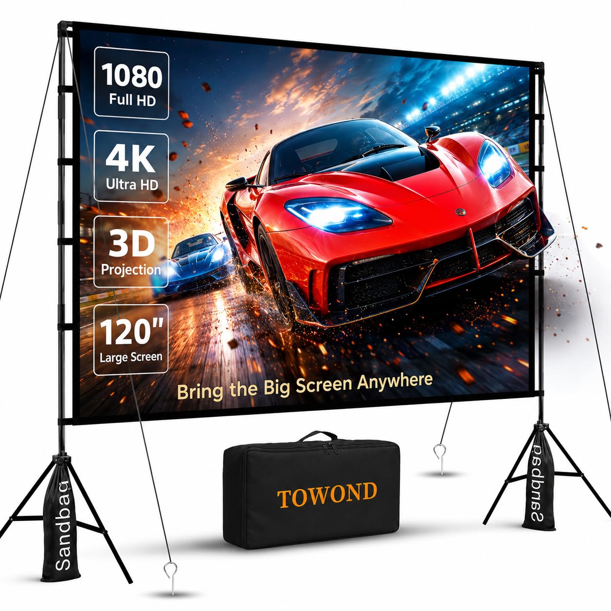 Pantalla Soporte para proyector,Towond Pantalla de proyeccion 120 Pulgadas para Interior y Exterior sin Arrugas 16:9 4K HD Pantalla de proyector de jardín Plegable para Noches de Cine en casa
