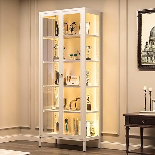 5 Tier Glass Display Cabinet with 12 Color LED Lights, 67" Lighted Curio Cabinet with Glass Doors & Adjustable Shelves, Tall Metal Glass Display Case for Collectibles Figures- White