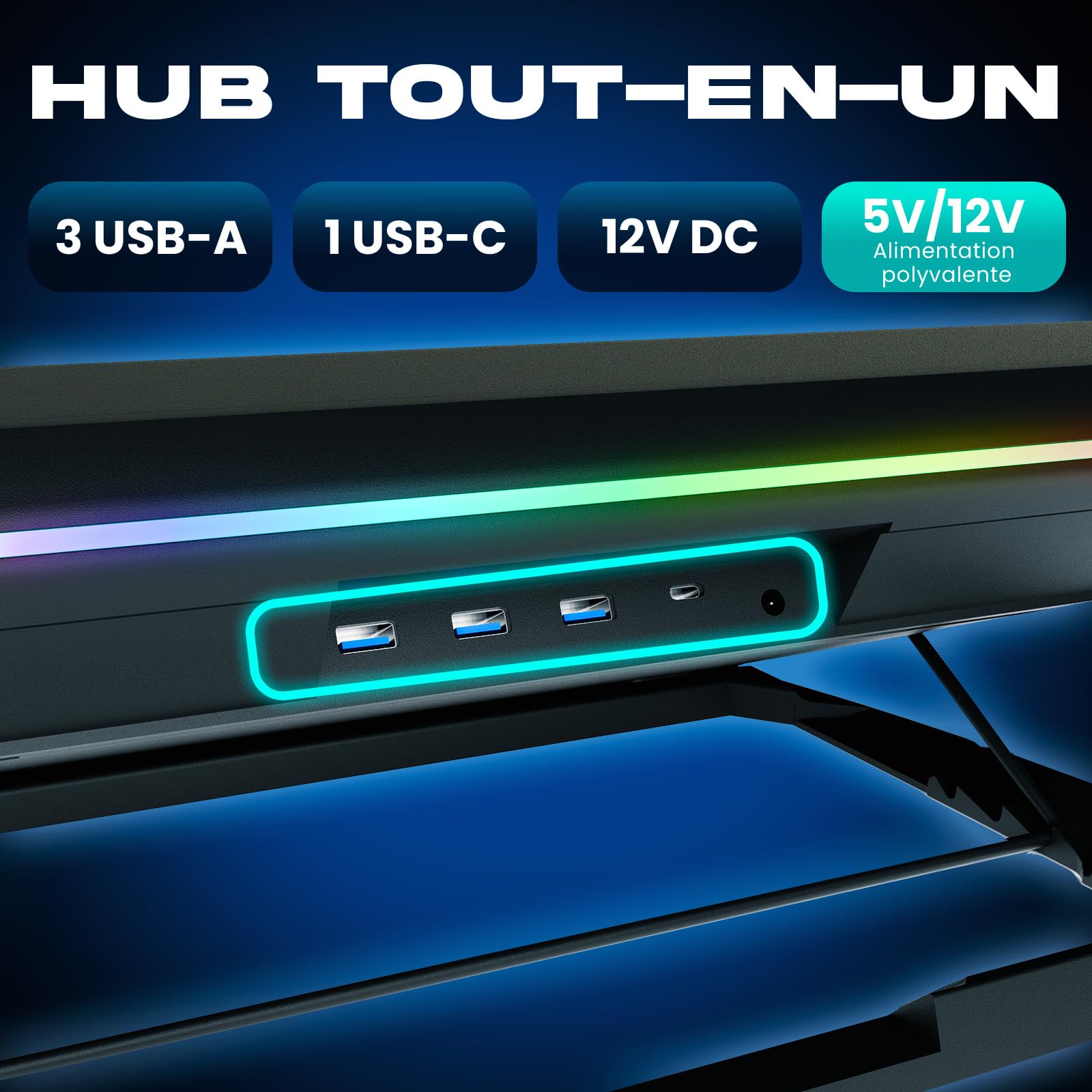 KLIM Turbofrost Refroidisseur PC Portable 4 Turbo Ventilateurs - 4x4000 RPM, 2 Modes d'alimentation USB-C/DC, RGB Dynamique, 4 Ports USB, Mousse Isolante - Support Ventilé PC Portable 14-17in - Noir