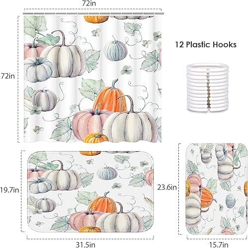 Miniatura 2 de Juego de baño de calabazas de otoño con cortina de ducha y alfombras y accesorios, juego de cortinas de ducha de hojas de otoño para Acción de