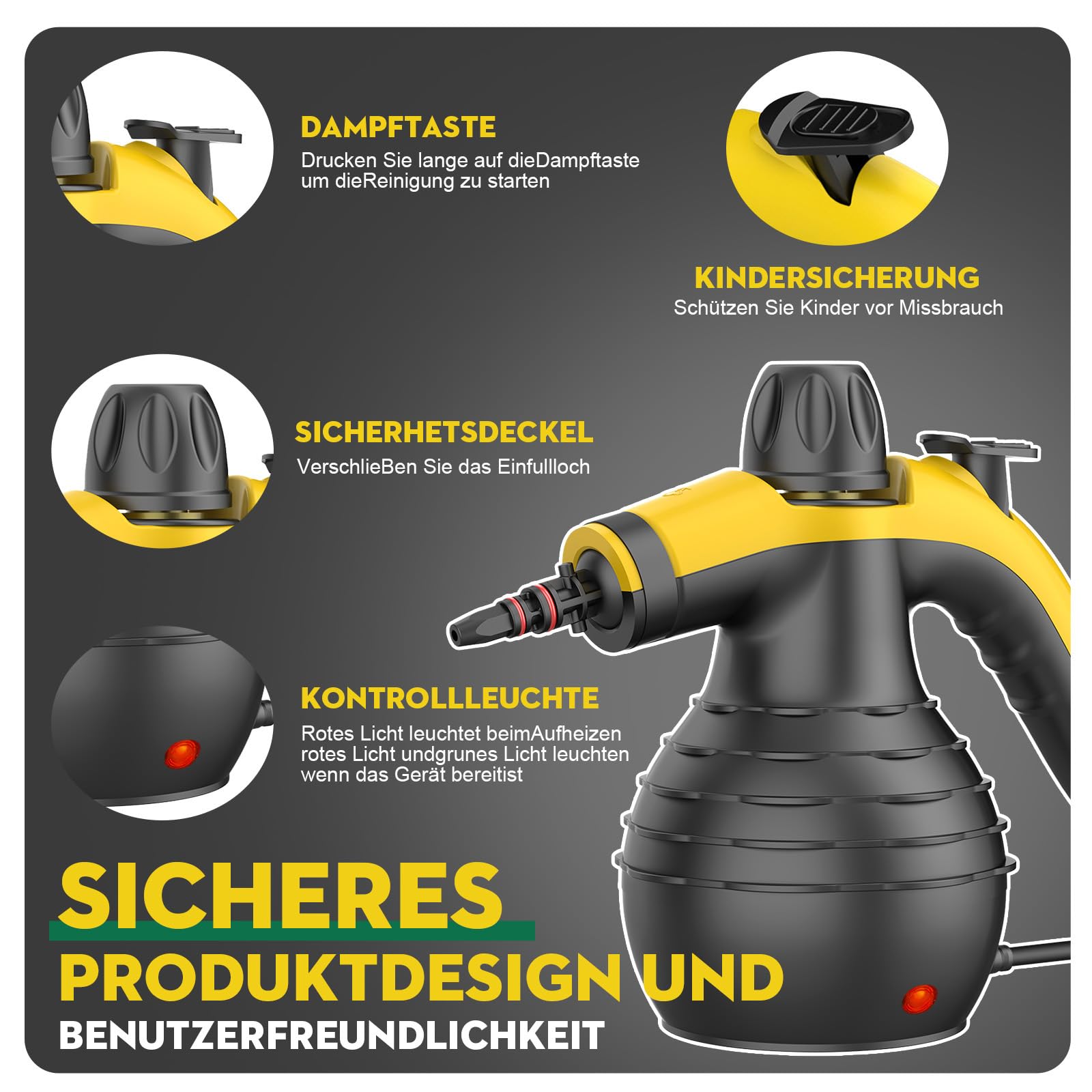 Limpiador A Vapor Portátil 1050W, Steam Cleaner De Mano Alta Presión, Calentamiento Rápido, 9 Accesorios, Sin Químicos, Para Baño, Cocina, Ventanas, Sofá, Tapicería, Juntas, Azulejos, Coche - 4