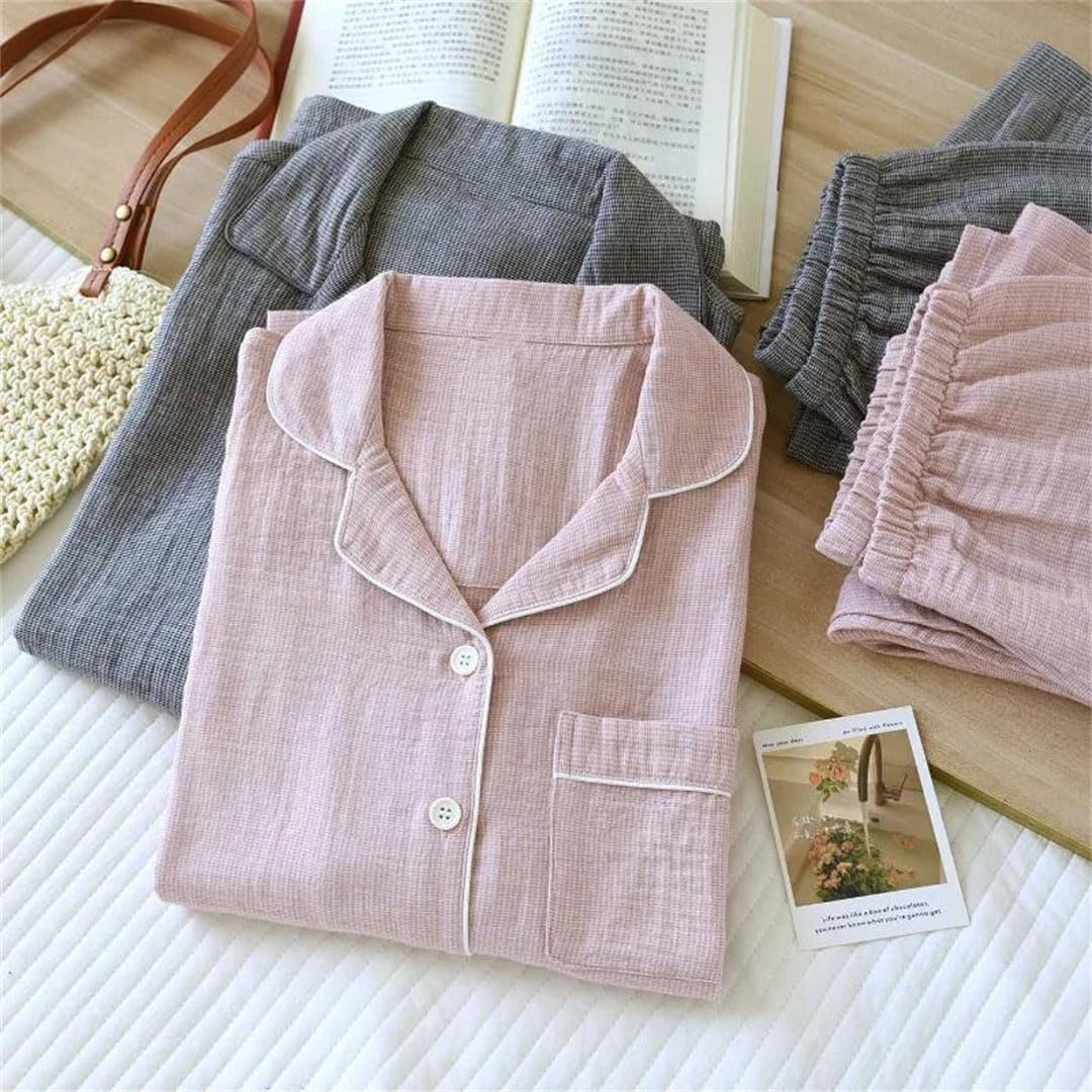 Conjunto de pijama de gasa de algodón para hombre y mujer, a cuadros, manga larga, ropa de casa de dos piezas