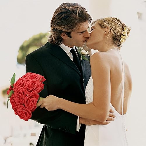 Miniatura 5 de ZAMMAZ Rosas artificiales, 50 unidades, rosas falsas de espuma de aspecto real con tallos para ramos de boda, despedidas de soltera, centros de