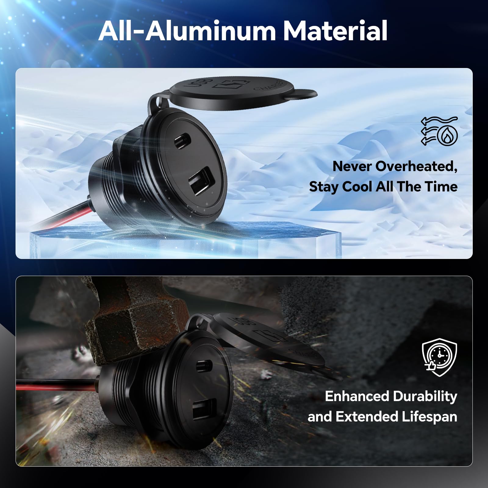 acegoo USB C Steckdose 12V Einbau Dose Buchse Aluminum Wasserdicht PD3.0 QC3.0, 12 Volt Ladegerät für KFZ Wohnmobil Auto LKW Wohnwagen Motorrad Boot, ohne LED 2 Stück