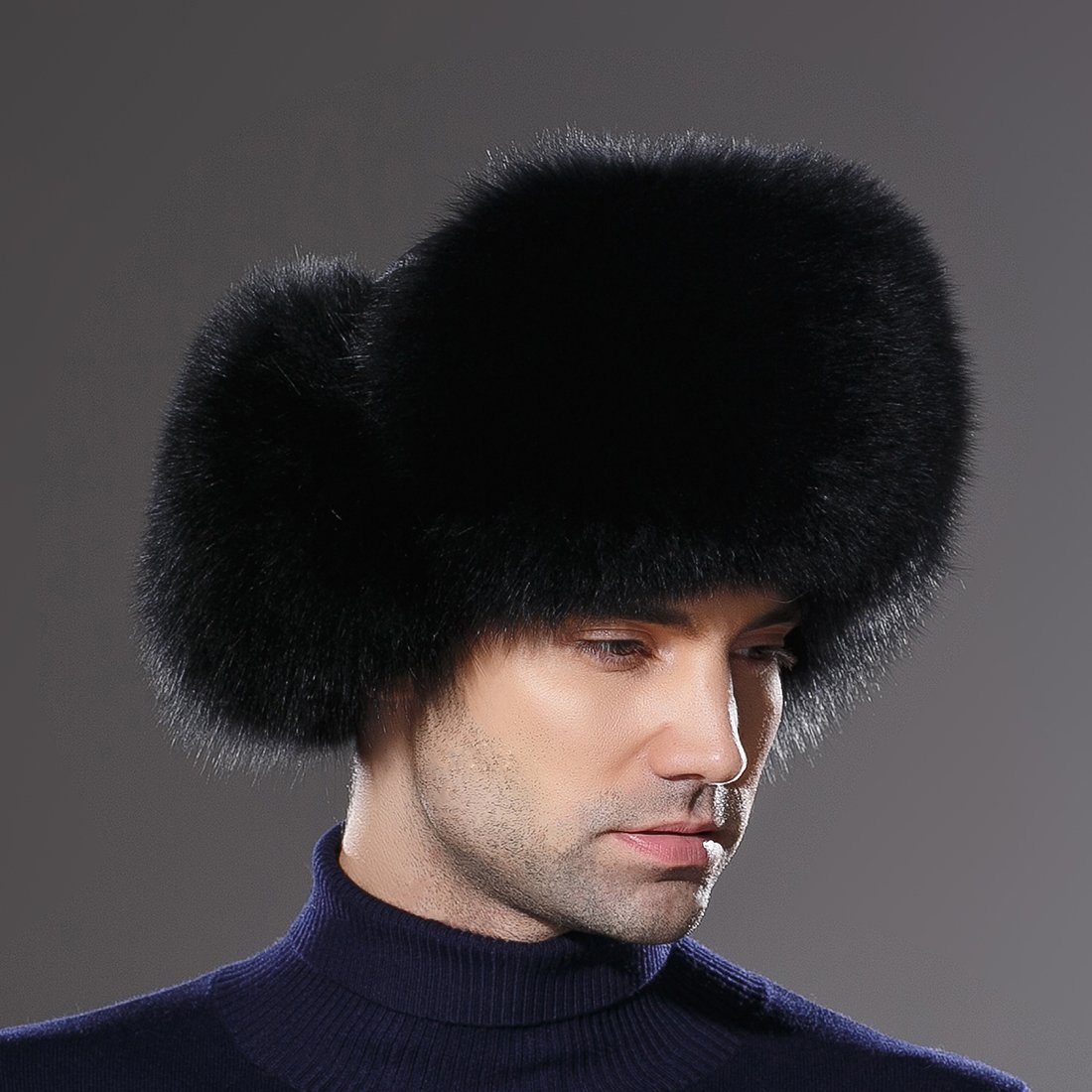 URSFUR Winter Mens Trapper Hat Real Leather and Fox Russian Ushanka Cap Black