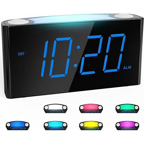 Rocam Digital Alarm Clock for Bedrooms - Large 7.5'' LED Display with Dimmer, Snooze, 7 Color Night Light, Easy to Set, USB Chargers, Battery Backup, 12/24 Hour for Kids,Heavy Sleepers(Blue)
