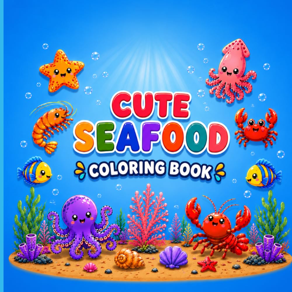 Cute Seafood Coloring Book: Fun & Easy Ocean Animals Coloring Book with Cute Sea Creatures for Kids ages 3_8