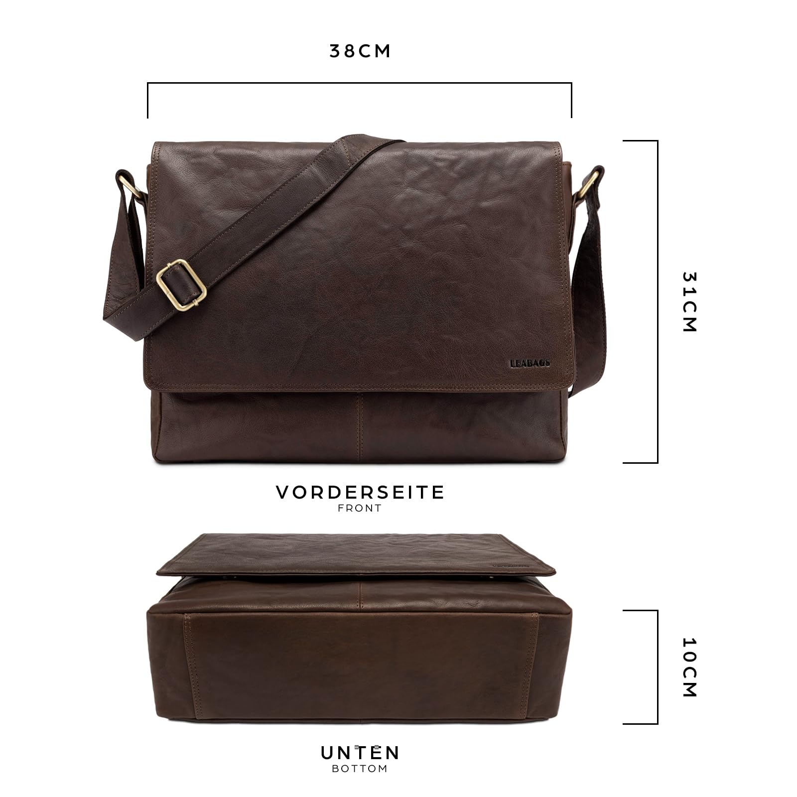LEABAGS Bolso Bandolera para Hombres y Mujeres | Bolso Mensajero con Correa | Bolsa Cuero Genuino para Portátil 15" | Bolsa de Hombro | Bolsa de Trabajo | Bolsa de Transporte