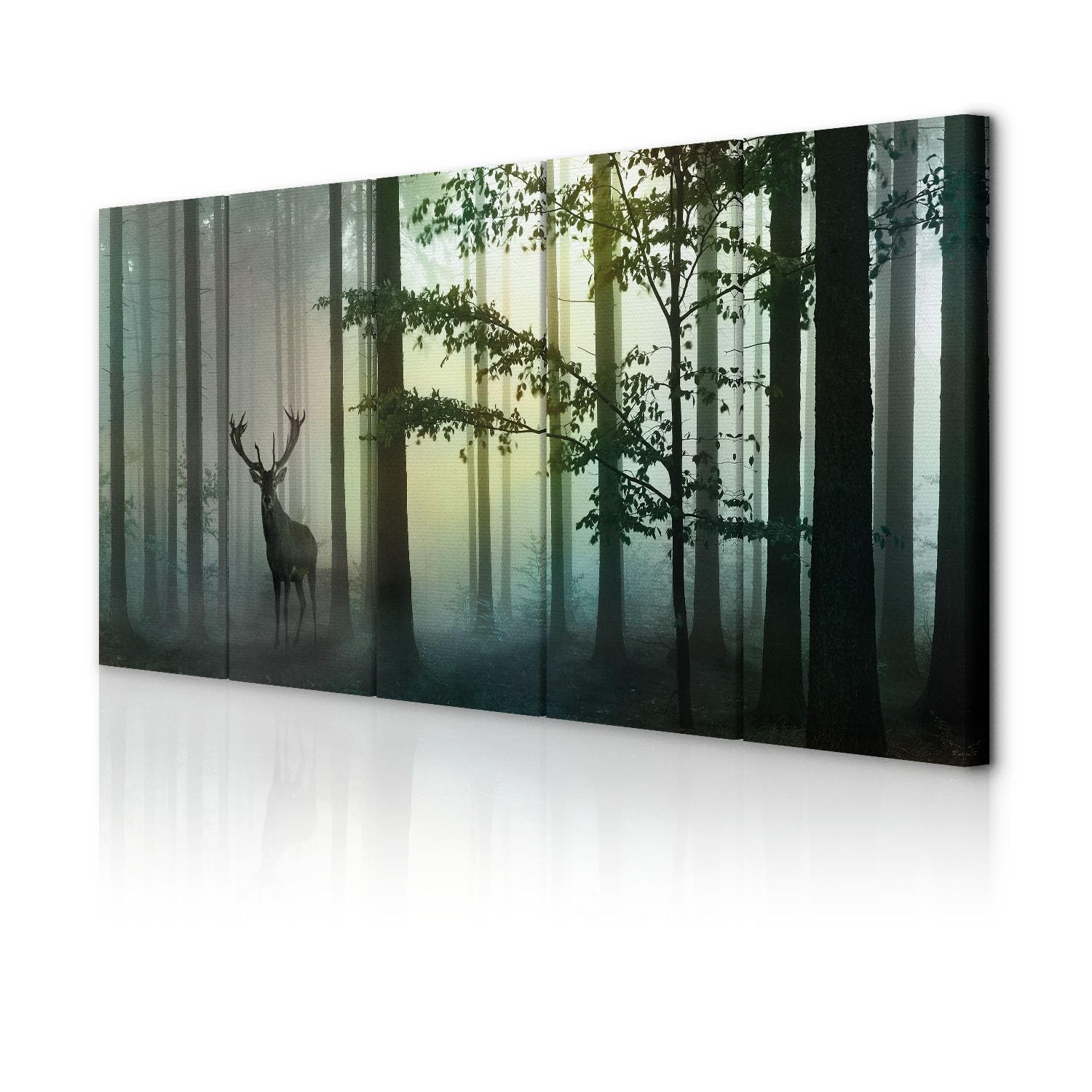 decomonkey Bilder Hirsch 225x90 cm 5 Teilig Leinwandbilder Wandbild Tiere | Bild auf Leinwand, Kunstdruck, Wanddeko, Wohnzimmer, Wanddekoration, Wald, Natur