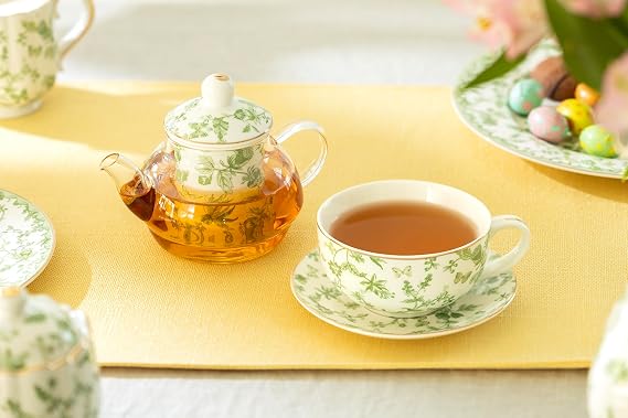 Greeny Garden Glass and Fine Porcelain Tea For One Set, Spring Tea Set For One