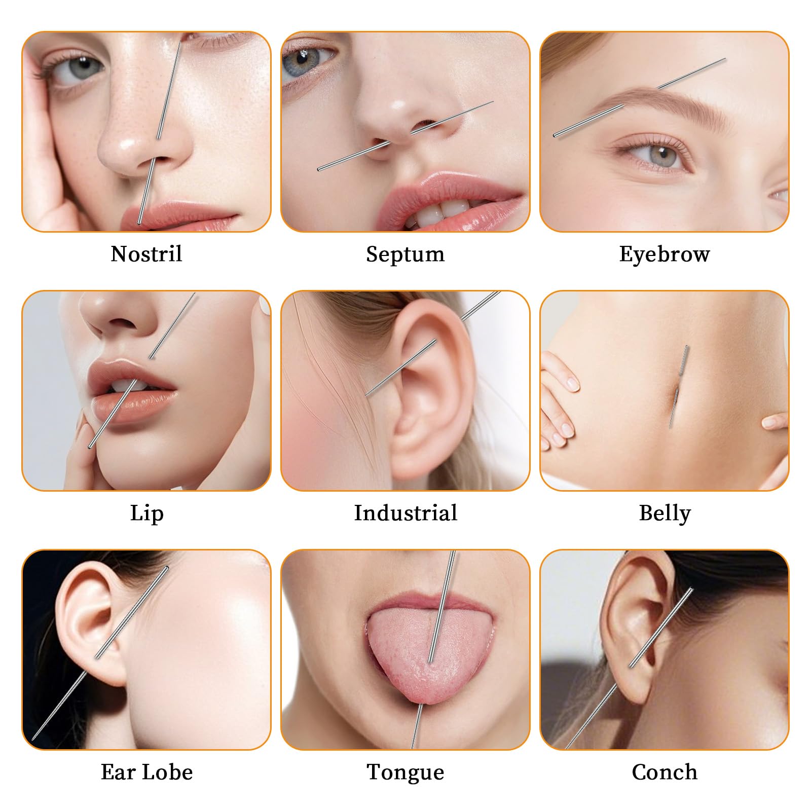 Zestaw narzędzi do piercingu kulkowego, 16G, 18G, bez gwintu, gwint wewnętrzny, gwint zewnętrzny, ze stali nierdzewnej, płaskie tylne kolczyki, narzędzie do wkładania, zakrzywione kolczyki do ciała