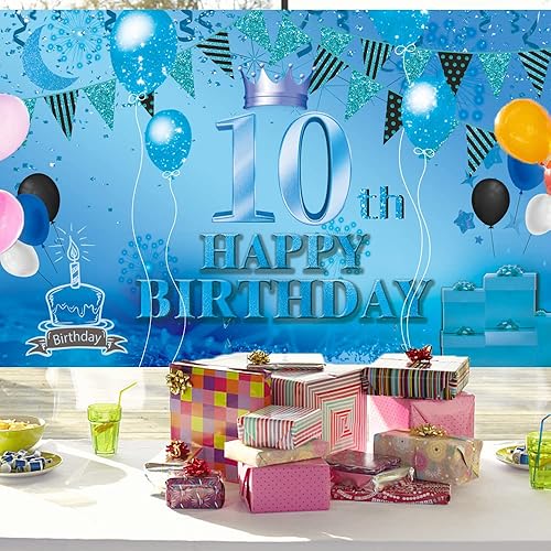 Miniatura 6 de Cartel de fondo azul de 10 cumpleaños con texto en inglés "Happy 10th Birthday", suministros para fiesta de cumpleaños, aniversario, cabina de