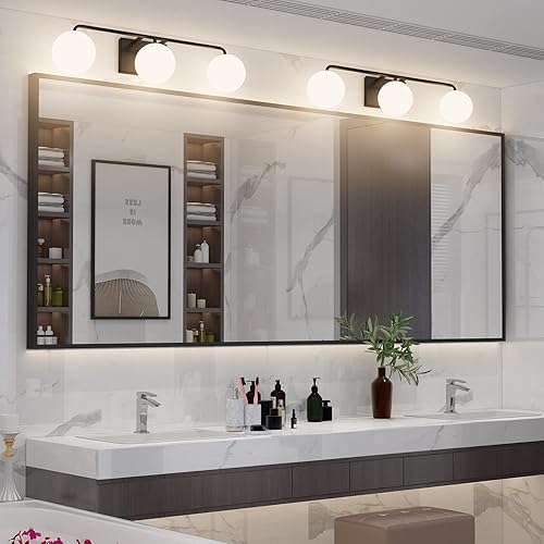 Miniatura 8 de Tipace Lámparas de tocador de baño modernas de mediados de siglo, 3 luces, color negro y blanco leche, iluminación industrial sobre espejo (excluye