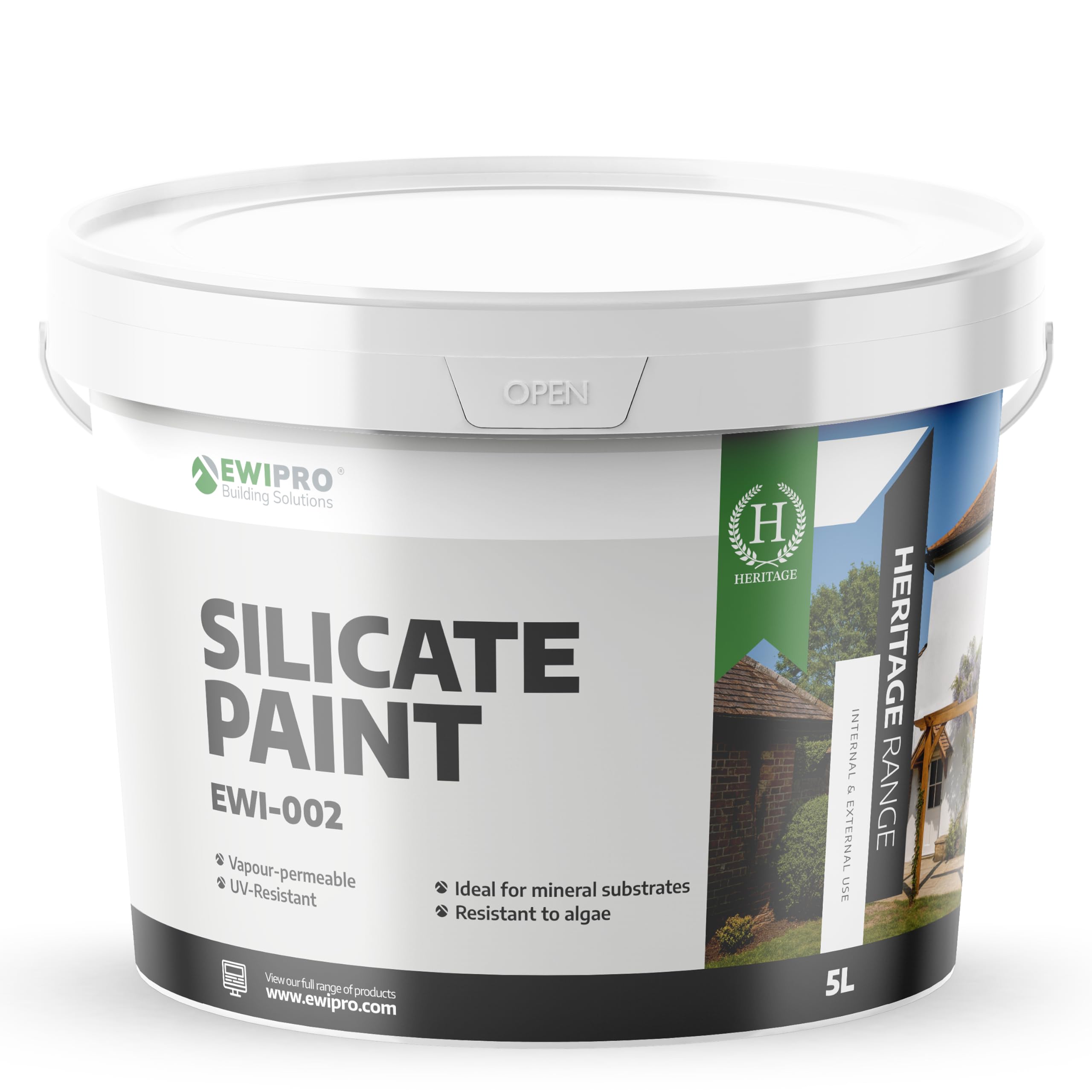 Silicate Paint EWI-002, 5 Litres, Billiant White, Breathable Masonry Paint for Render, Concrete & EWI Systems, Interior & Exterior Use