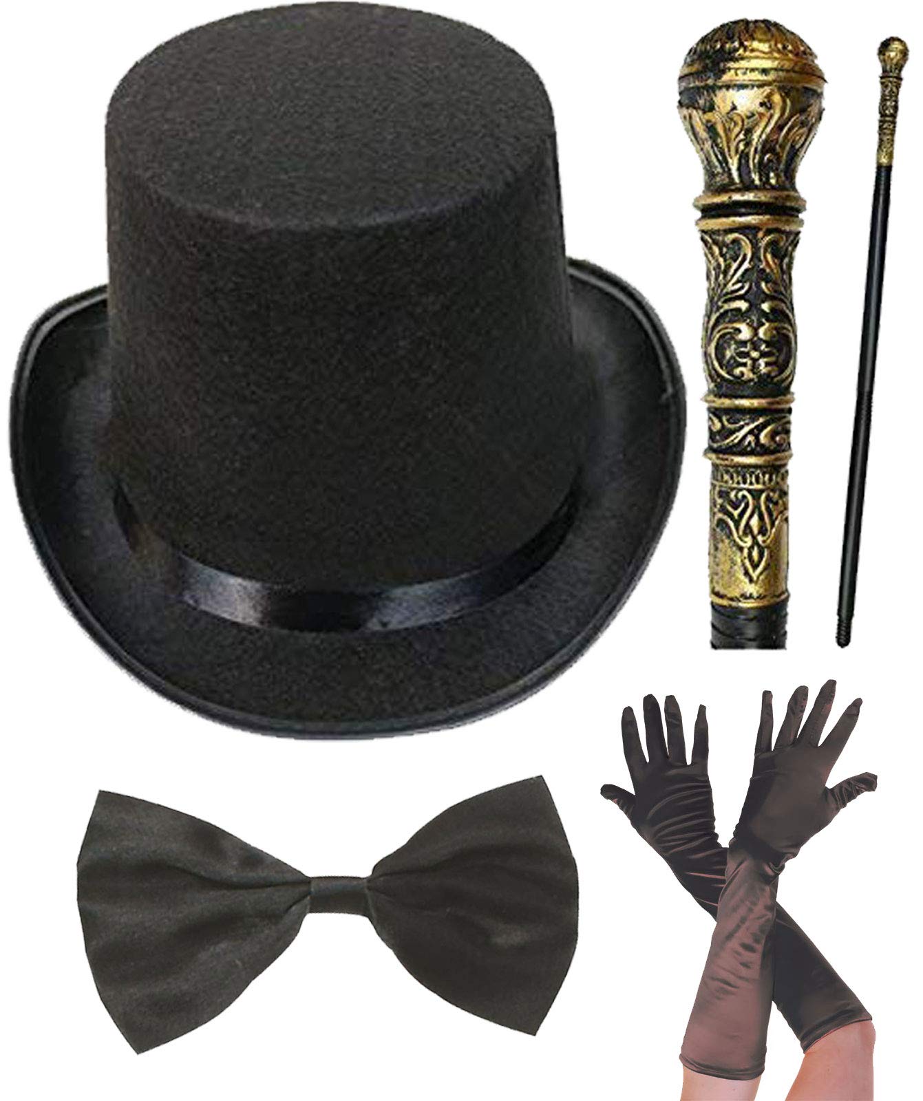 labreeze Adults Victorian Gentleman Black Top Hat Bow Tie Long Gloves Cane Party Set