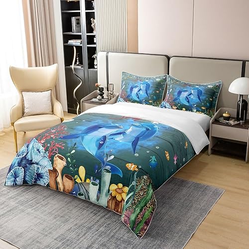 Miniatura 3 de Erosebridal Lindo delfín - Funda de edredón de algodón 100% natural para adultos y adolescentes, juego de ropa de cama de olas de mar azul, funda de