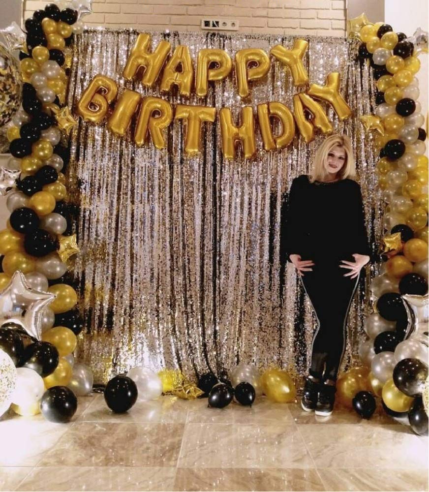 Kandera Happy Birthday Foil Balloons Set with 1 Pcs Silver Fringe Curtain & 30 Pcs Metallic Balloons Combo