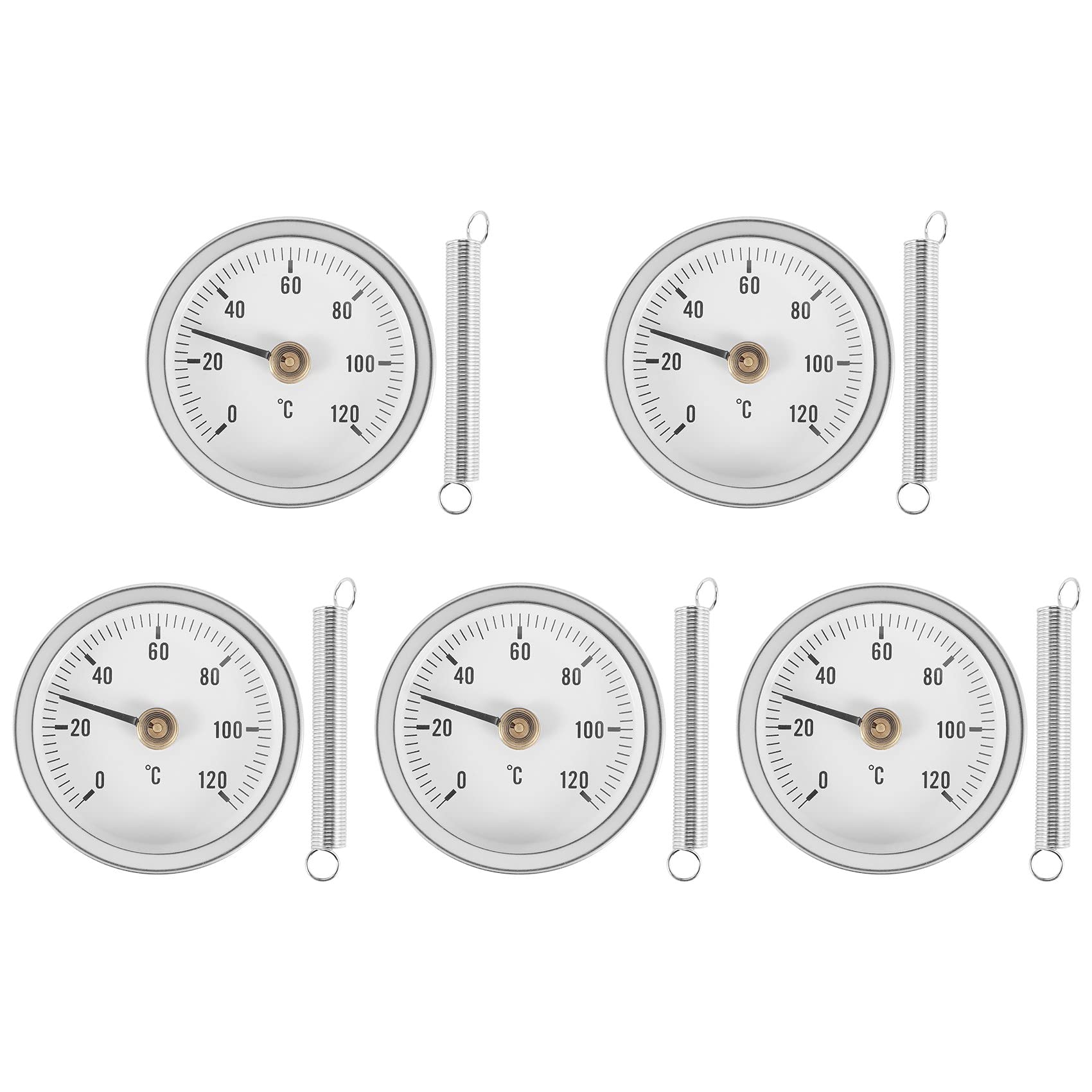 Jkjhbhged 63mm Pipe Clip-on Dial Thermometer Temperature Round Plate Gauge with Spring,Range 0-120?, Aluminum Case, 5Pcs Set, Silver