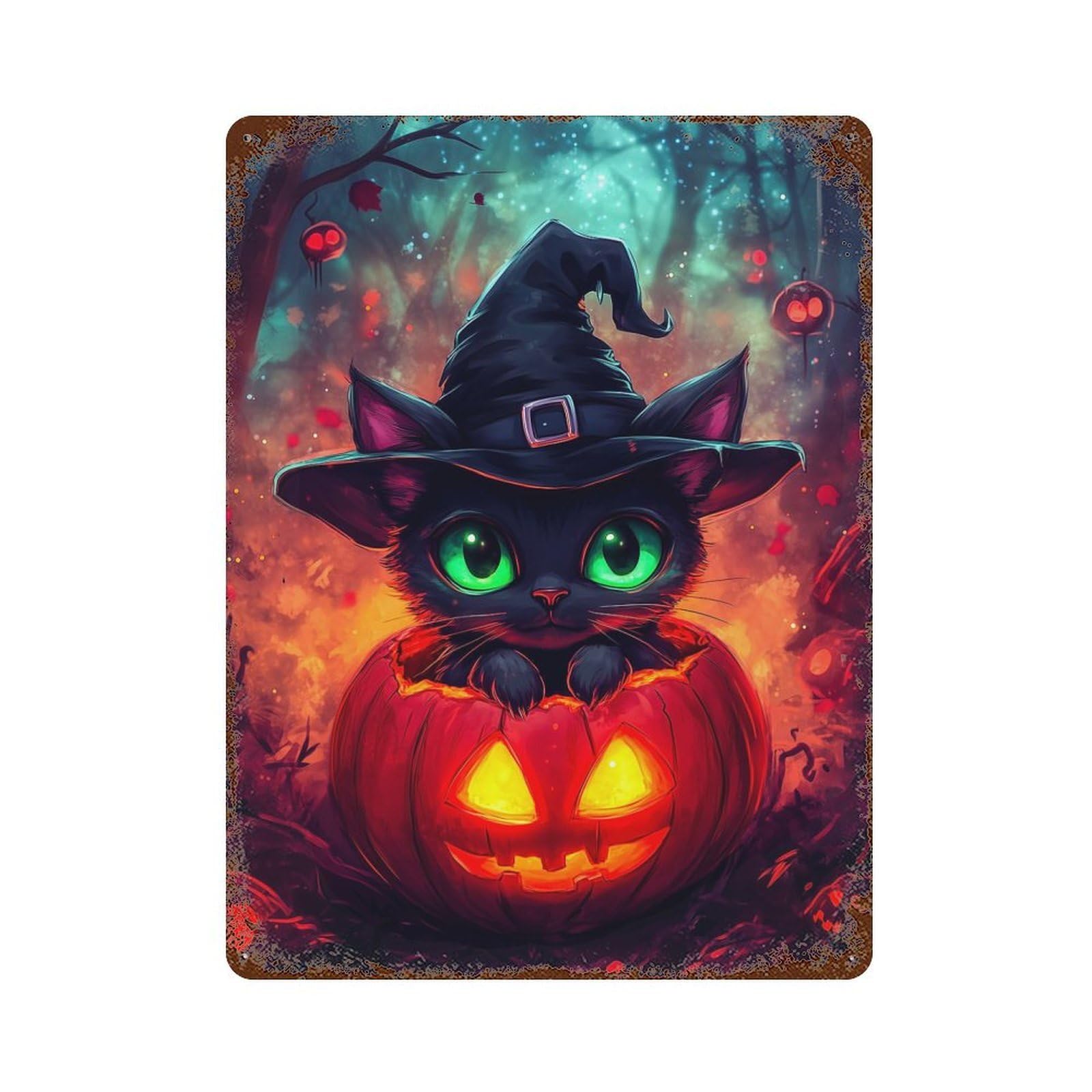 Halloween Witch Cat Retro Metal Sign 15.7"x11.8", Shabby Chic Decor for Garage, Pub Or Kitchen