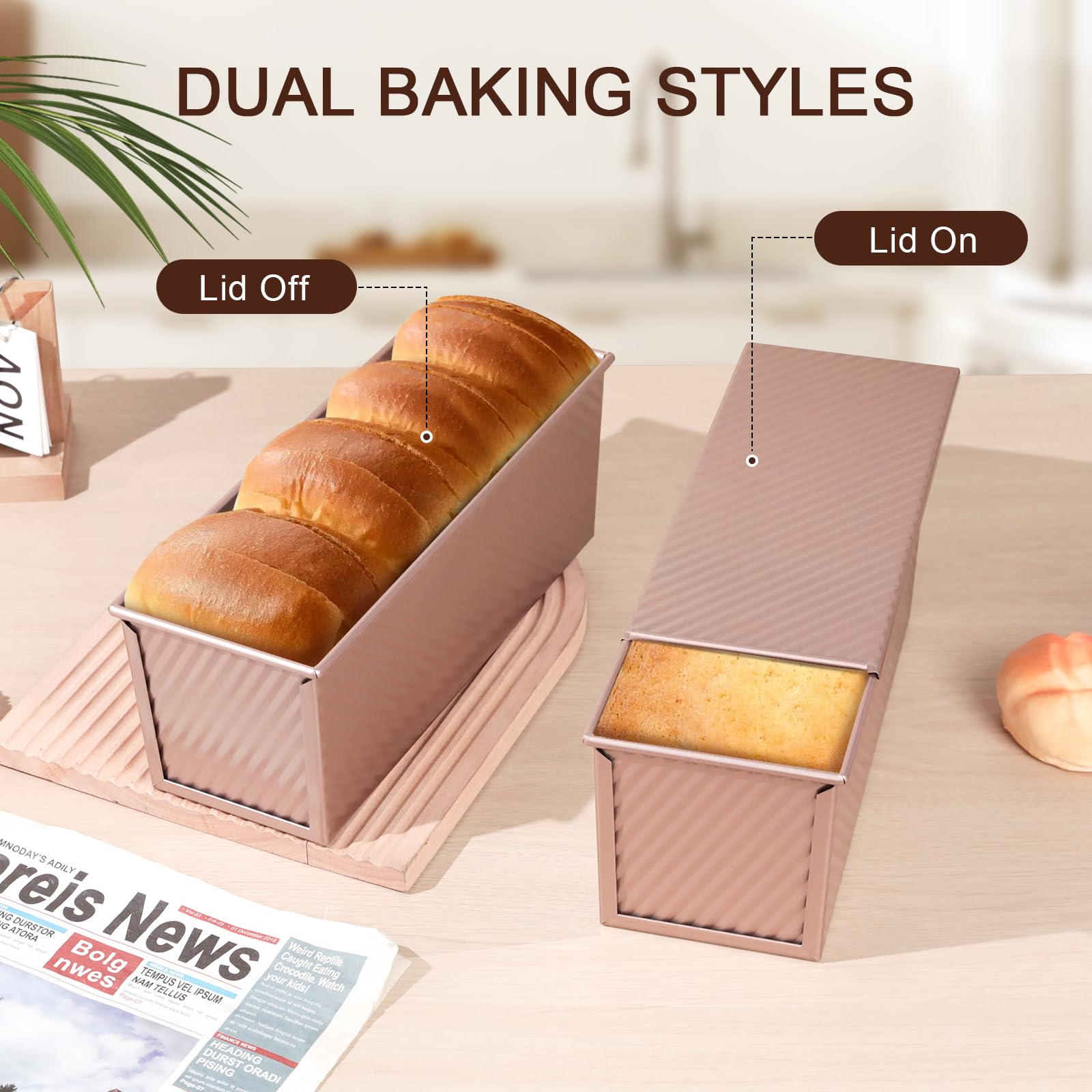 VINATO Stampo per Pane in Cassetta, (32x12x11,5 cm) Grande Capacità, per 1000 g di Impasto, Acciaio al Carbonio con Coperchio Antiaderente, Teglia per Pane Tostato Plumcake, e Panificazione