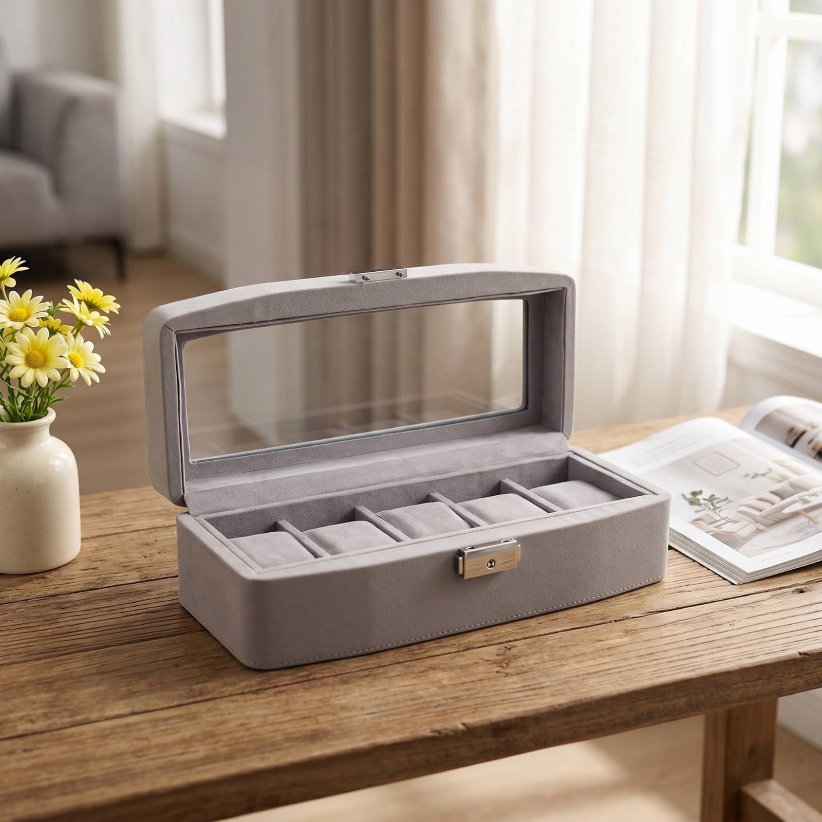 Perfeclan Caja Expositora de Relojes Organizador Estuche Vitrina con Ventana de Exhibición y Seguro Metálico Forro Aterciopelado y Cojines Separadores Adecuada para Vitrina Estante Colección, Marrón