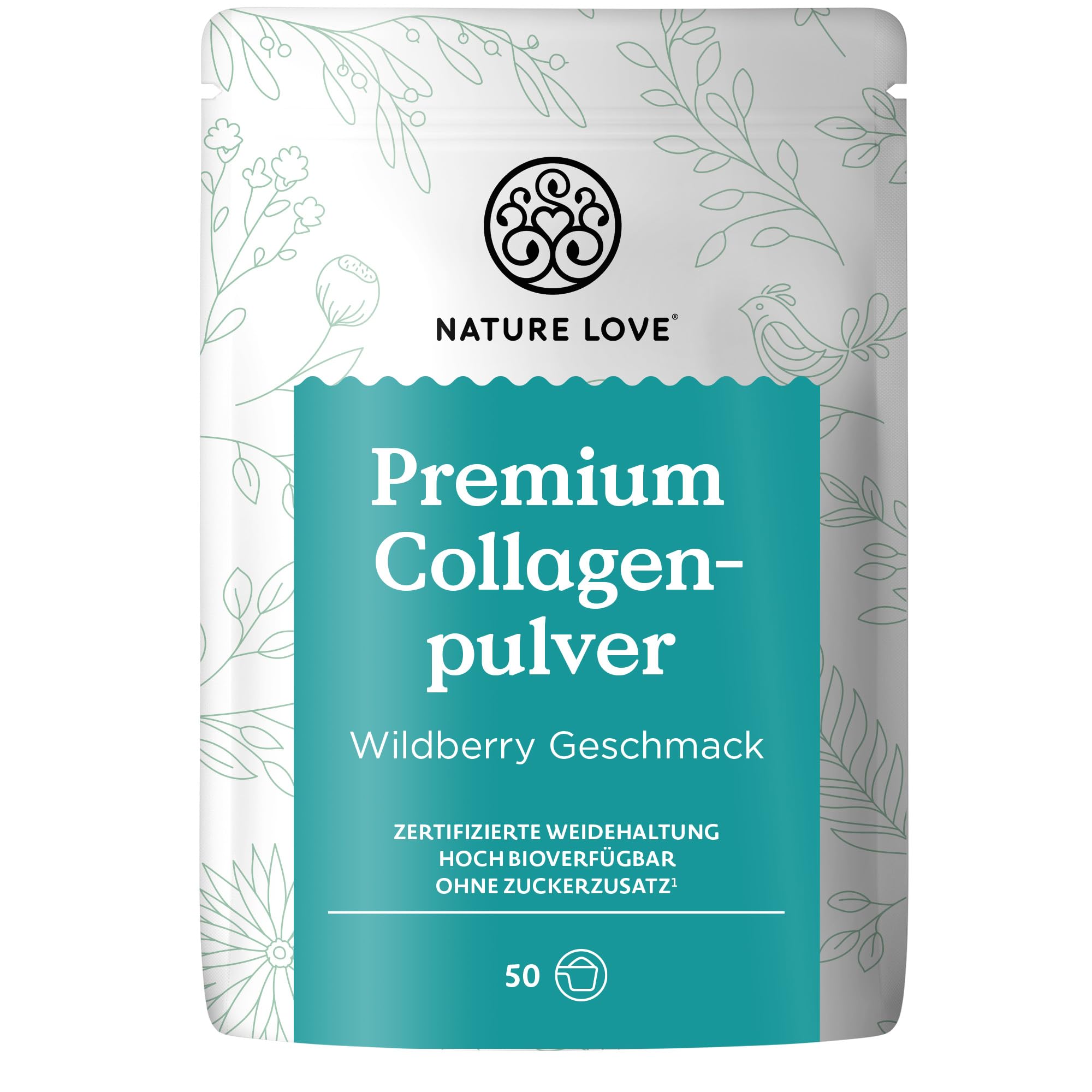 NATURE LOVE Premium Collagenpulver 500g – Wildberry Geschmack – Kollagen von Rindern aus Weidehaltung, hoch bioverfügbar ohne Zuckerzusatz, nur Süßungsmittel – laborgeprüft & in Deutschland produziert