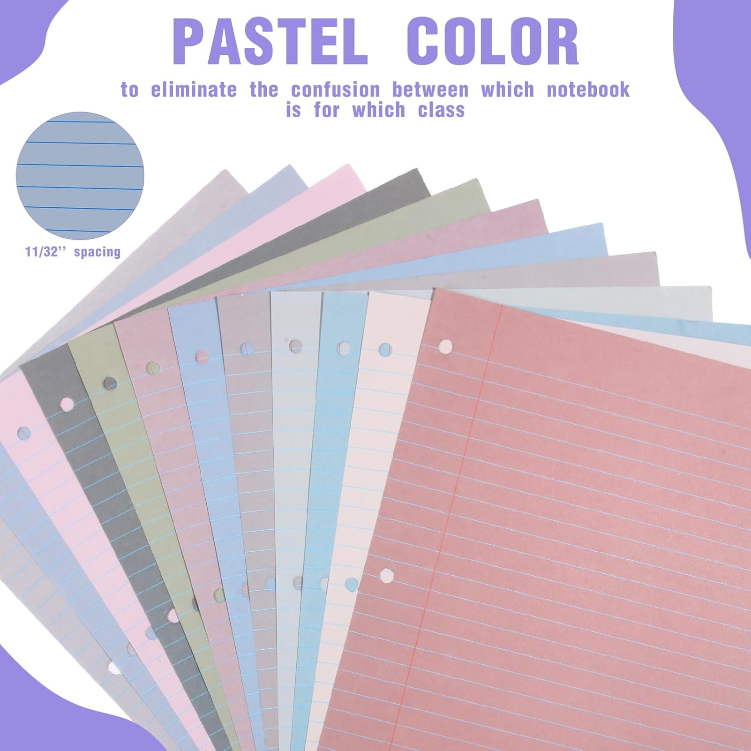PerKoop 12 Pack 600 Sheets Colored Loose Leaf Paper College Ruled 8" x 10.5", Pastel Colorful Lined Writing Paper 3 Hole Punched Filler for 3 Ring Binder School Office Supplies(Elegant Color)