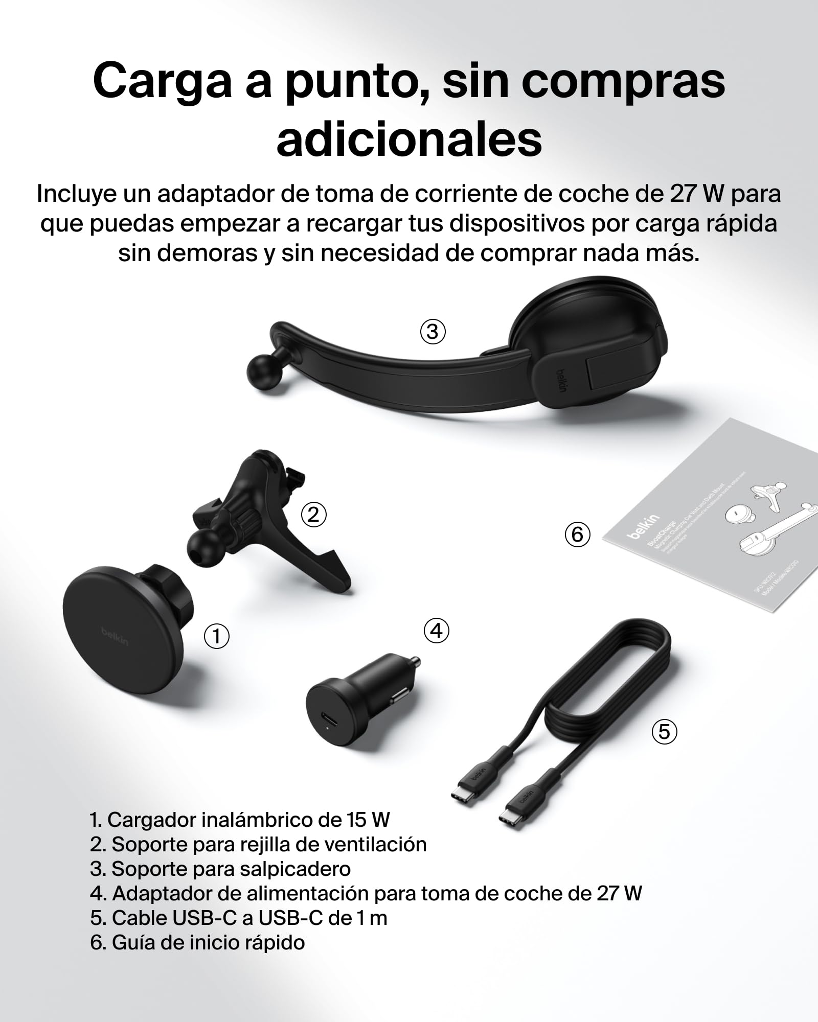 Belkin Cargador Coche Carga Rápida con Soportes para Rejilla de Ventilación y Salpicadero, Cable USB-C, Cargador Magnético Inalámbrico Qi2, MagSafe, iPhone 17, Pixelsnap y Galaxy S25 - Negro