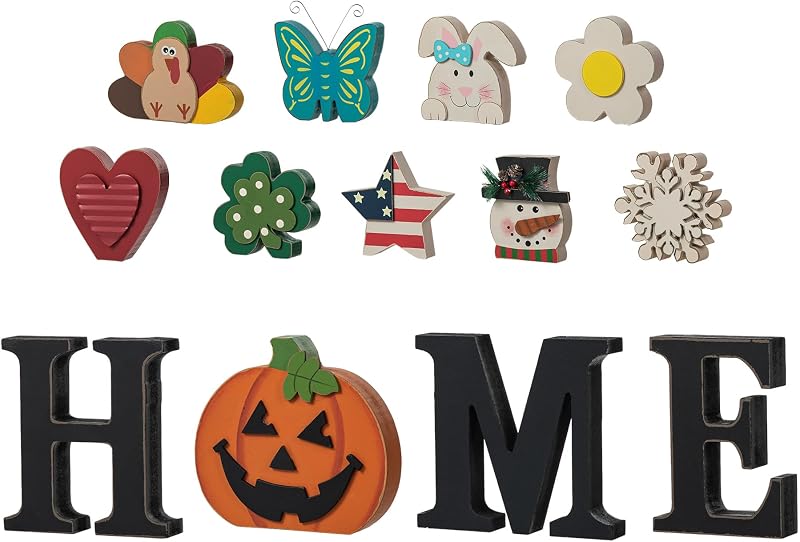 Glitzhome Letreros intercambiables para mesa de hogar con 13 iconos de temporada, letrero de madera intercambiable para decoración navideña, juego de adornos de letras para el hogar, bloques de estantes decorativos intercambiables para vacaciones