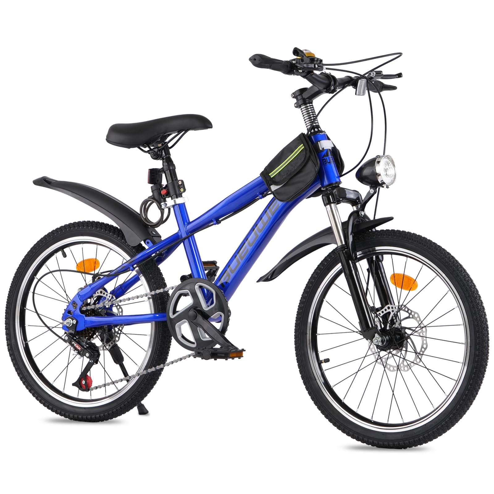 Bueuwe 20 24 Inch Kids Mountain Bike, Children Bicycles for Boys and Girls Ages 6-12, 7 Speed Teenager Bikes with Disc Brakes, Adjustable Handlebars and Seat, Kickstand (Blue, 24 Inch)